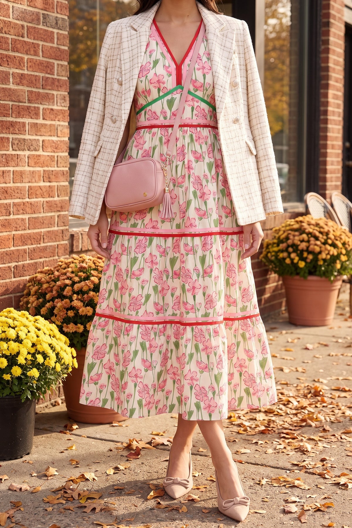 Floral poplin tiered midi dress styled for an autumn cafe morning with a cream tweed blazer, nude bow slingback pumps and a blush pink crossbody.