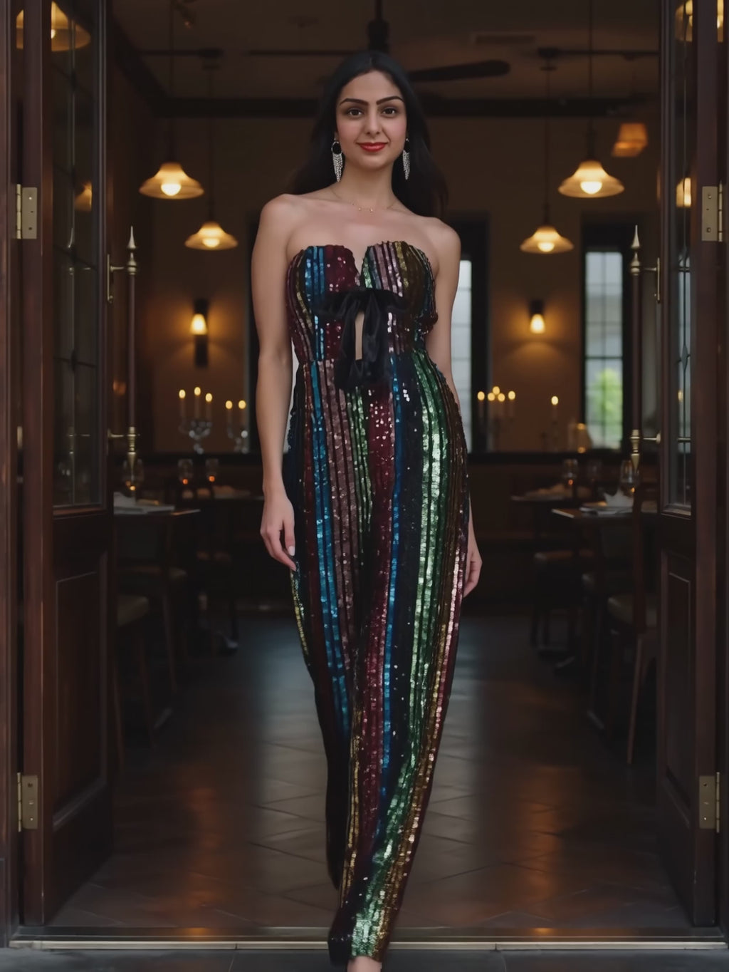 Shweta walking and turning in the multicolor sequin jumpsuit at an evening venue.