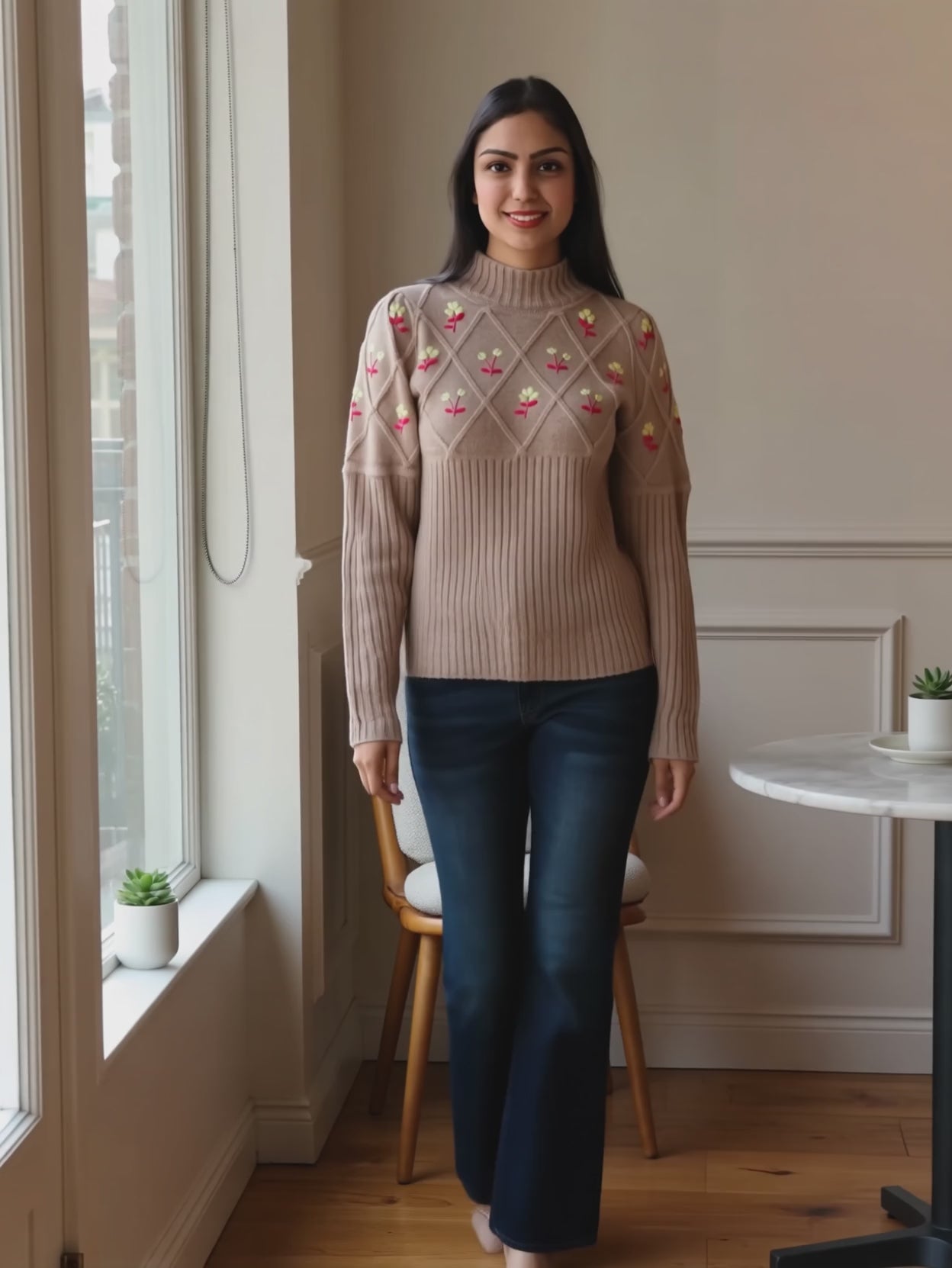 Shweta walking in the Happy Times Floral Sweater and adjusting its fitted ribbed cuff.