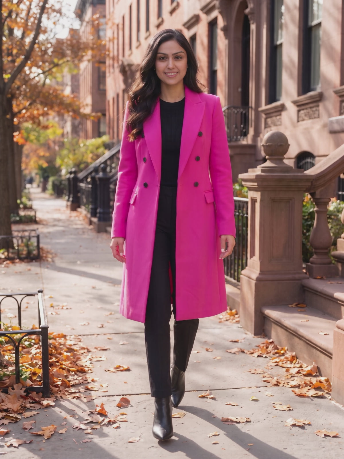 Love You Like A Love Song Long Double Breasted Coat worn by Shweta on an autumn city avenue, stepping forward and turning to show the back and the fit.