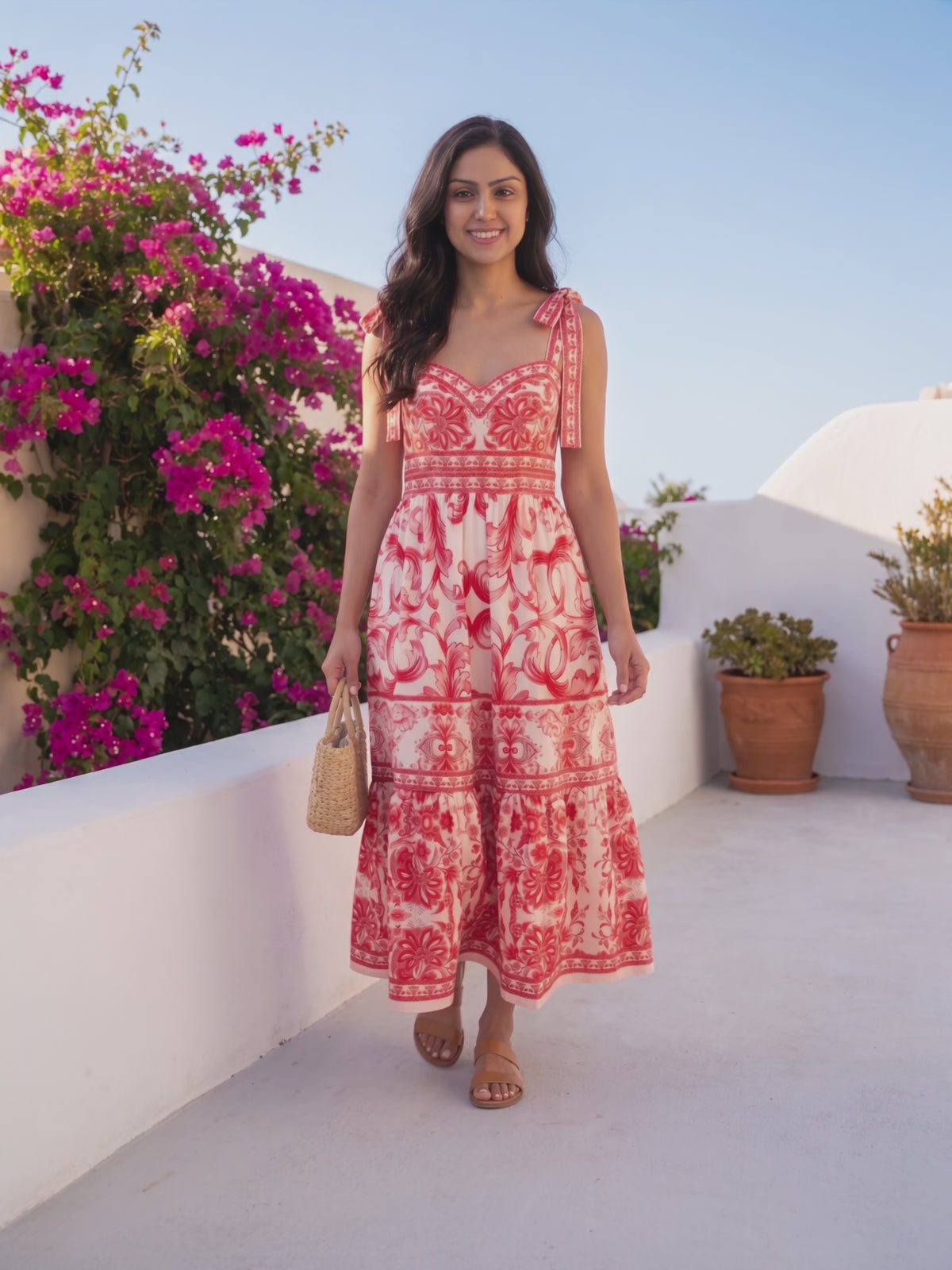 For Another Time Maxi Dress worn by Shweta at a Mediterranean terrace, stepping forward and turning to show the back and the fit.