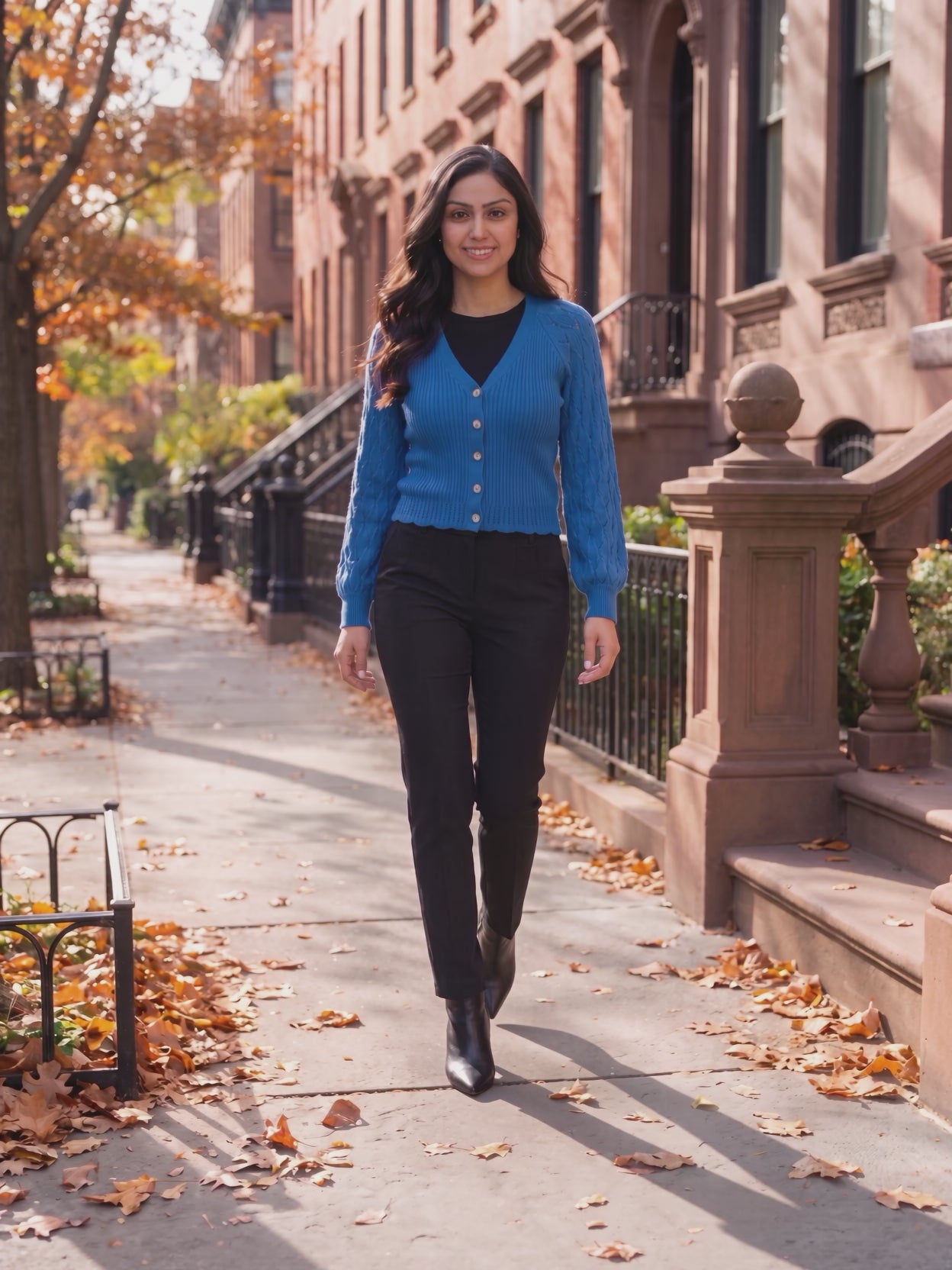 Tell Me About It Sweater Top worn by Shweta at an autumn city street, stepping forward and turning to show the back and the fit.