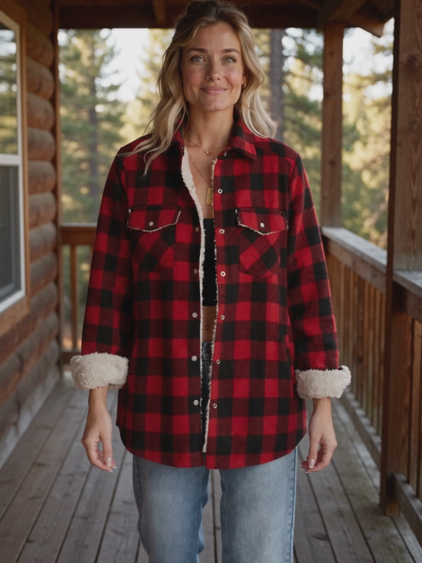 Cozy Cabin Buffalo Plaid Shacket in motion as Elsa adjusts the cuff and uses the side pocket.