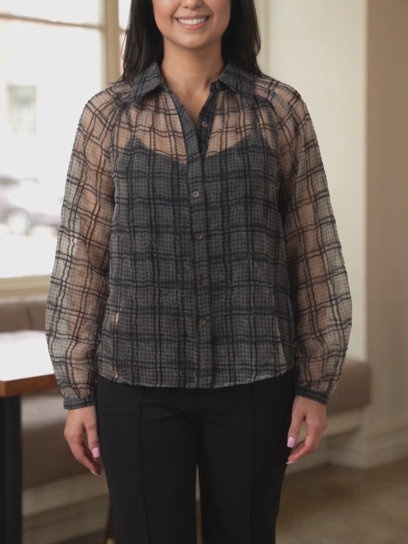 Just Looking sheer plaid blouse moving as Shweta steps, adjusts the cuff and turns three-quarters.
