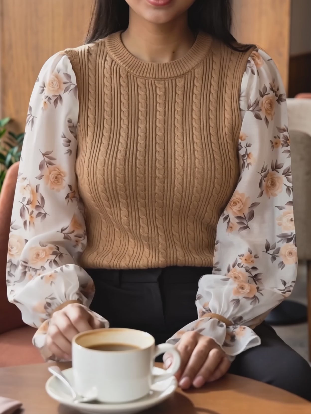 Shweta wearing the sweater top as its floral sleeves and ruffle cuffs move naturally in a café.