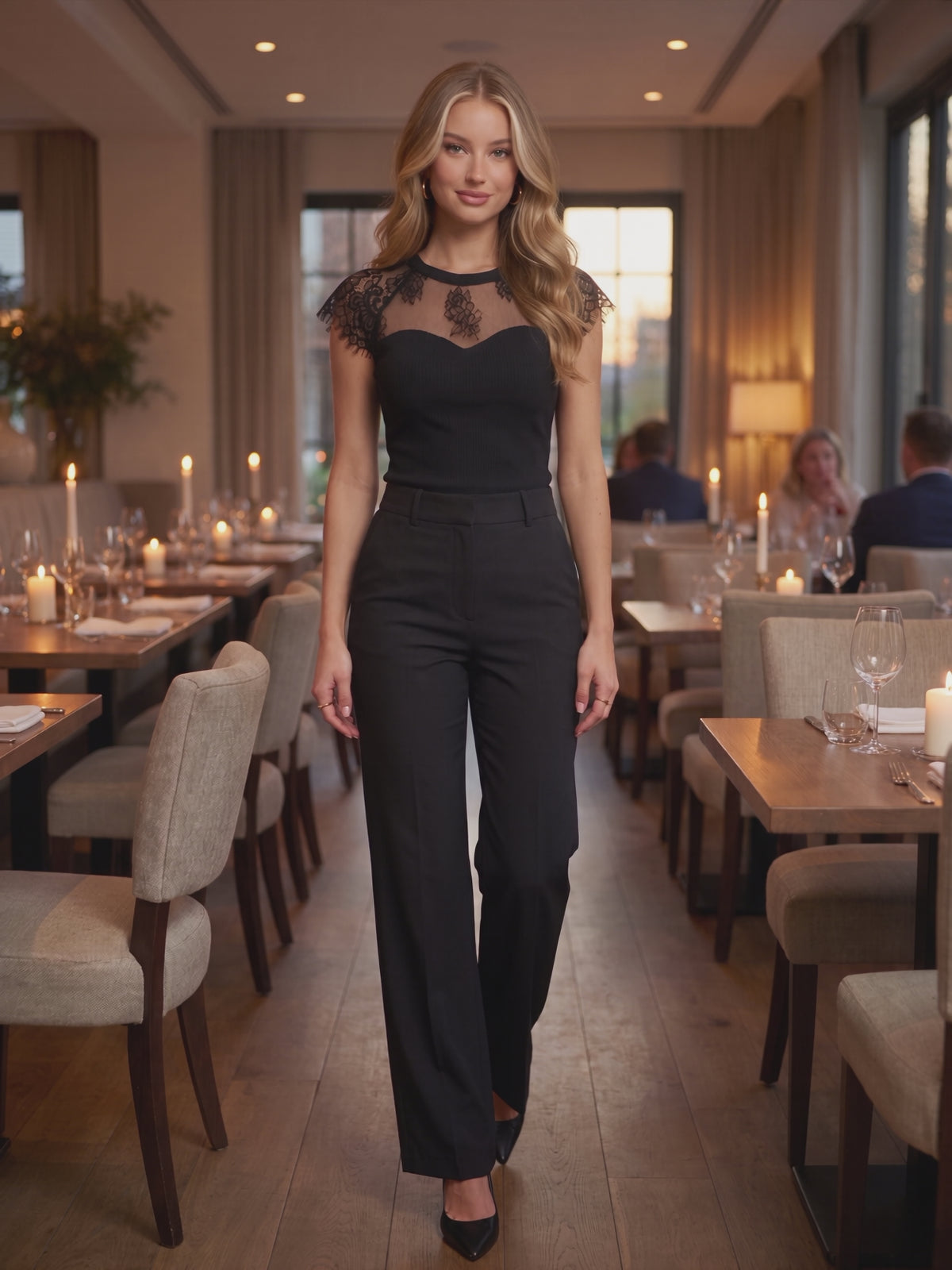 Midnight Madness Lace Ruffle Sleeve Crew Neck Sweetheart Top worn by Sofia at a candlelit dinner, stepping forward and turning to show the back and the fit.
