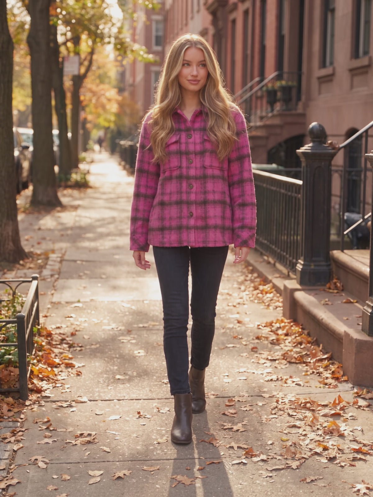 Berry Blessed Plaid Shacket worn by Sofia at an autumn city street, stepping forward and turning to show the back and the fit.