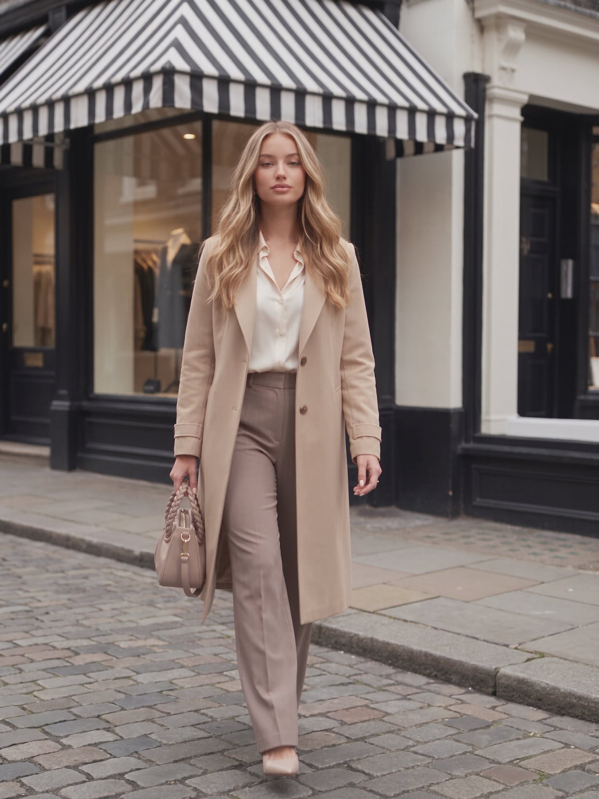Gracelyn Recycled Vegan Crossbody Bag in Nude worn by Sofia at a boutique shopping street, stepping forward and turning to show the back and the fit.