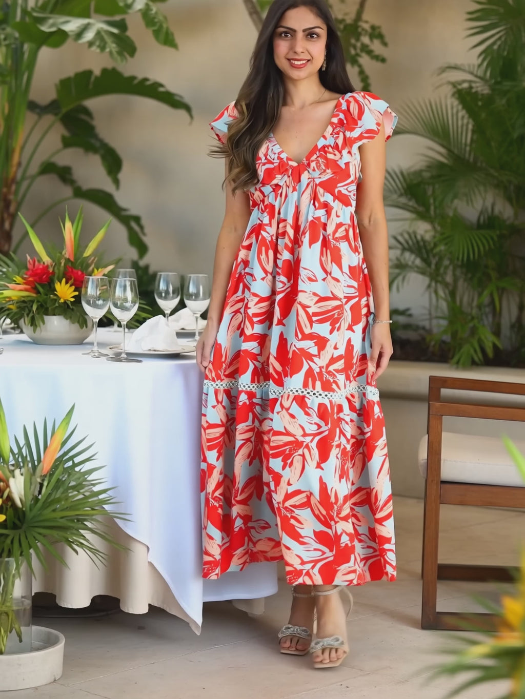 Painted The Sky Floral Maxi Dress moving naturally as Shweta walks and turns at a vacation brunch.
