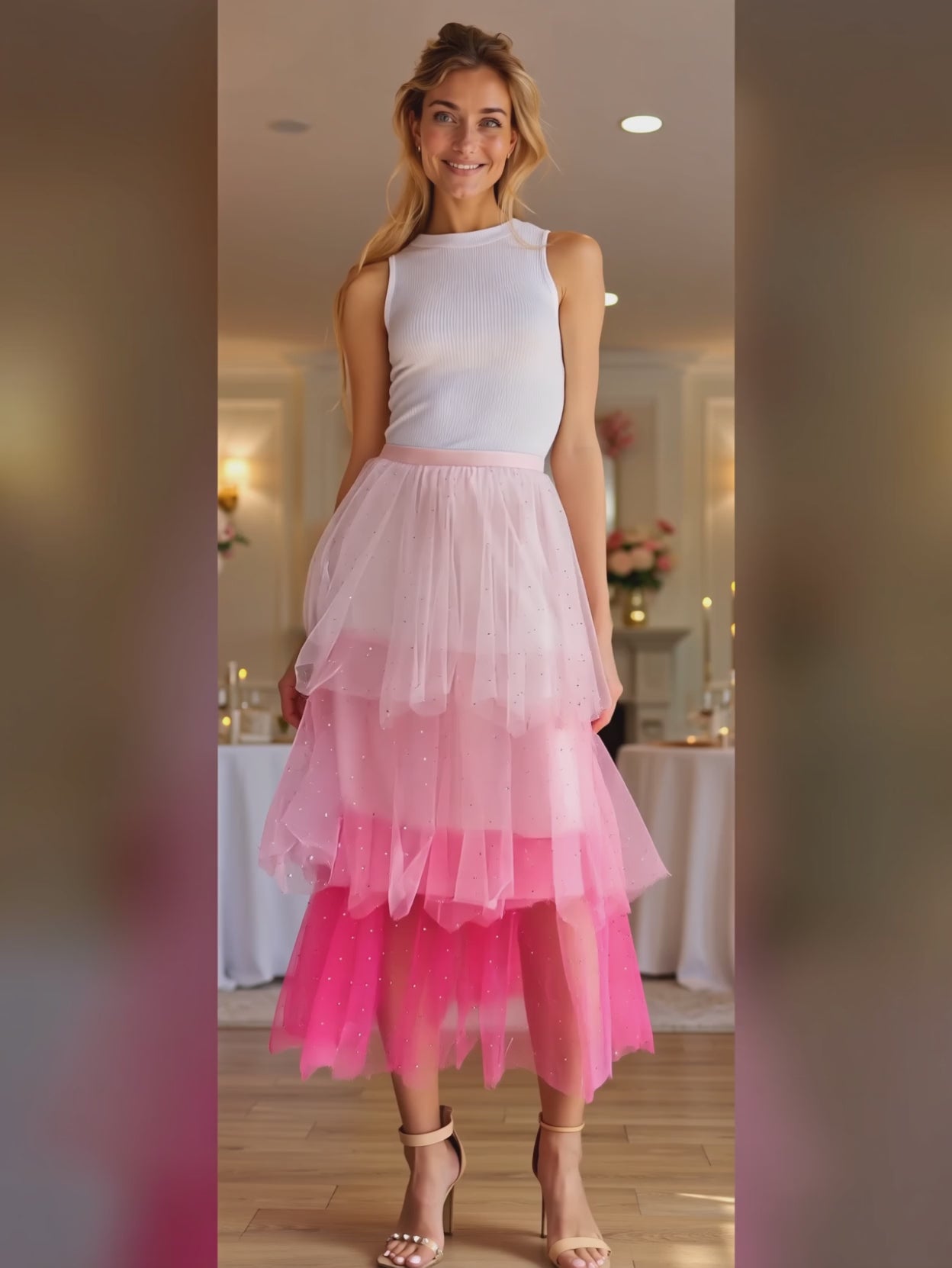 Elsa turns and releases the pink tiered tulle midi skirt to show its layered movement and recovery.