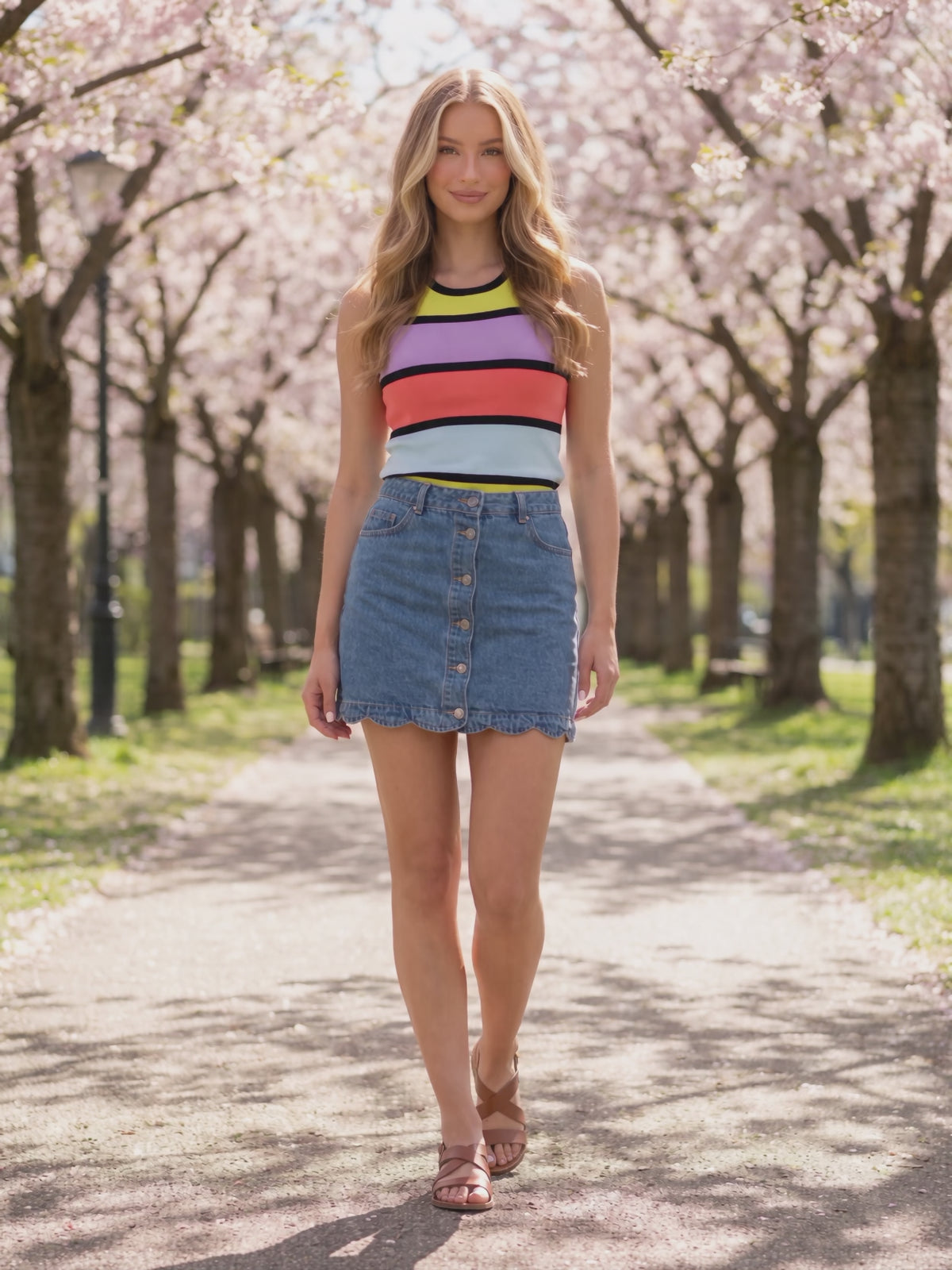 Calm Down Striped Tank Top worn by Sofia at a blossoming park, stepping forward and turning to show the back and the fit.