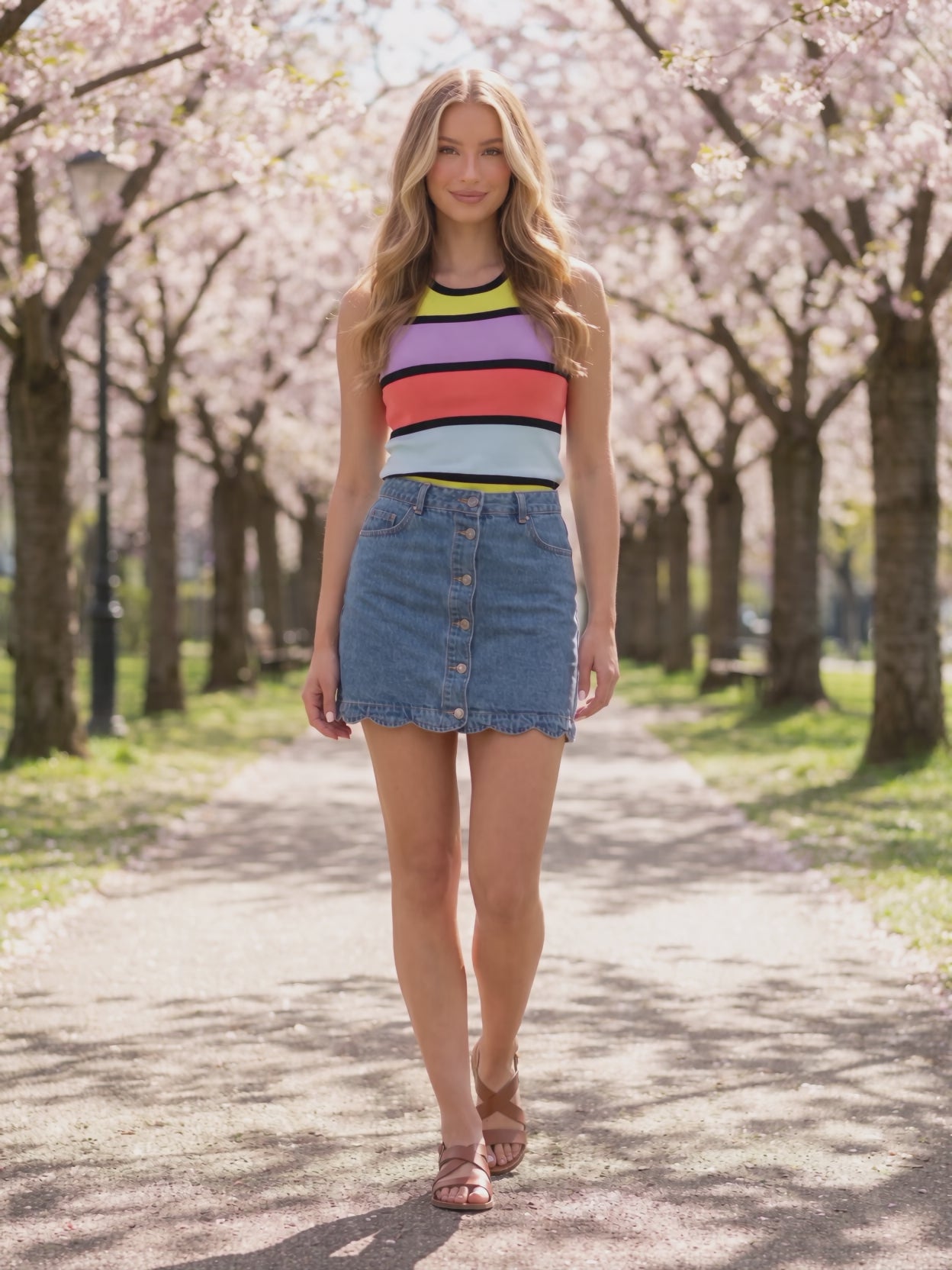 Calm Down Striped Tank Top worn by Sofia at a blossoming park, stepping forward and turning to show the back and the fit.