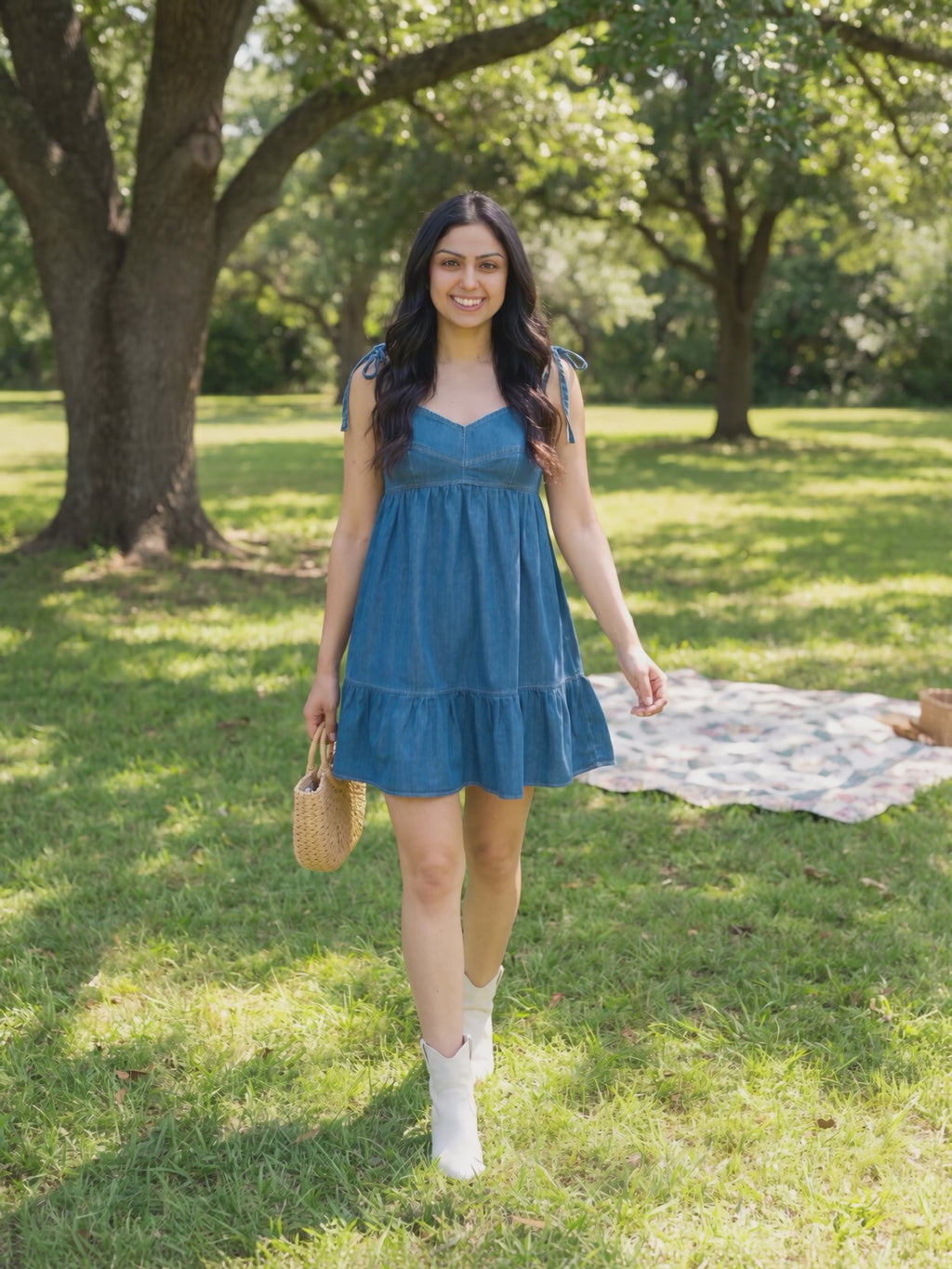 Ready To Zoom Denim Baby Doll Dress worn by Shweta at a park picnic, stepping forward and turning to show the back and the fit.