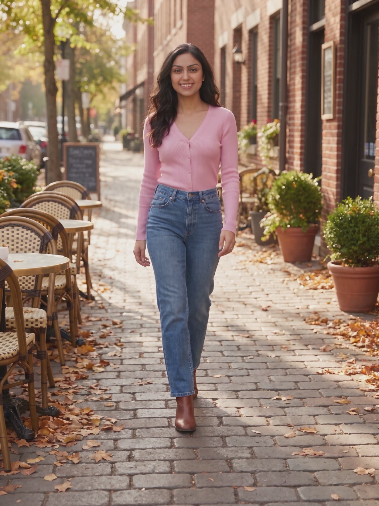 I Don't Care Cardigan Sweater worn by Shweta at an autumn café terrace, stepping forward and turning to show the back and the fit.