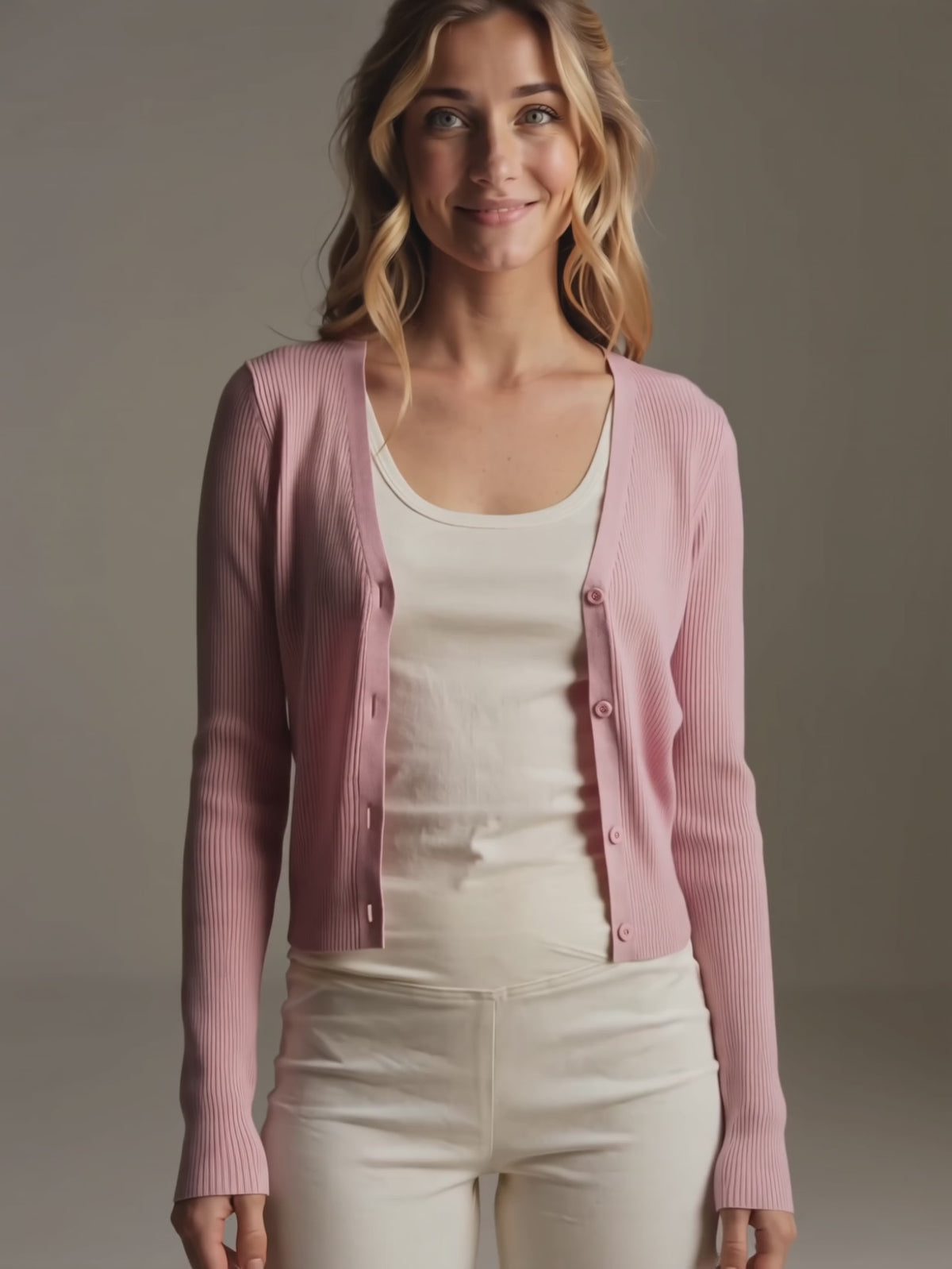 Pink I Don't Care Cardigan Sweater moving naturally as Elsa adjusts the open front.