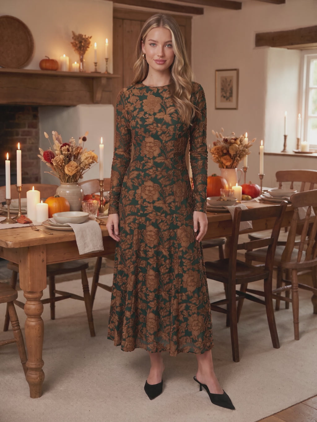 The green velvet burnout floral maxi dress worn by Sofia at a candlelit farmhouse dinner, stepping forward and turning to show the side and the fit.