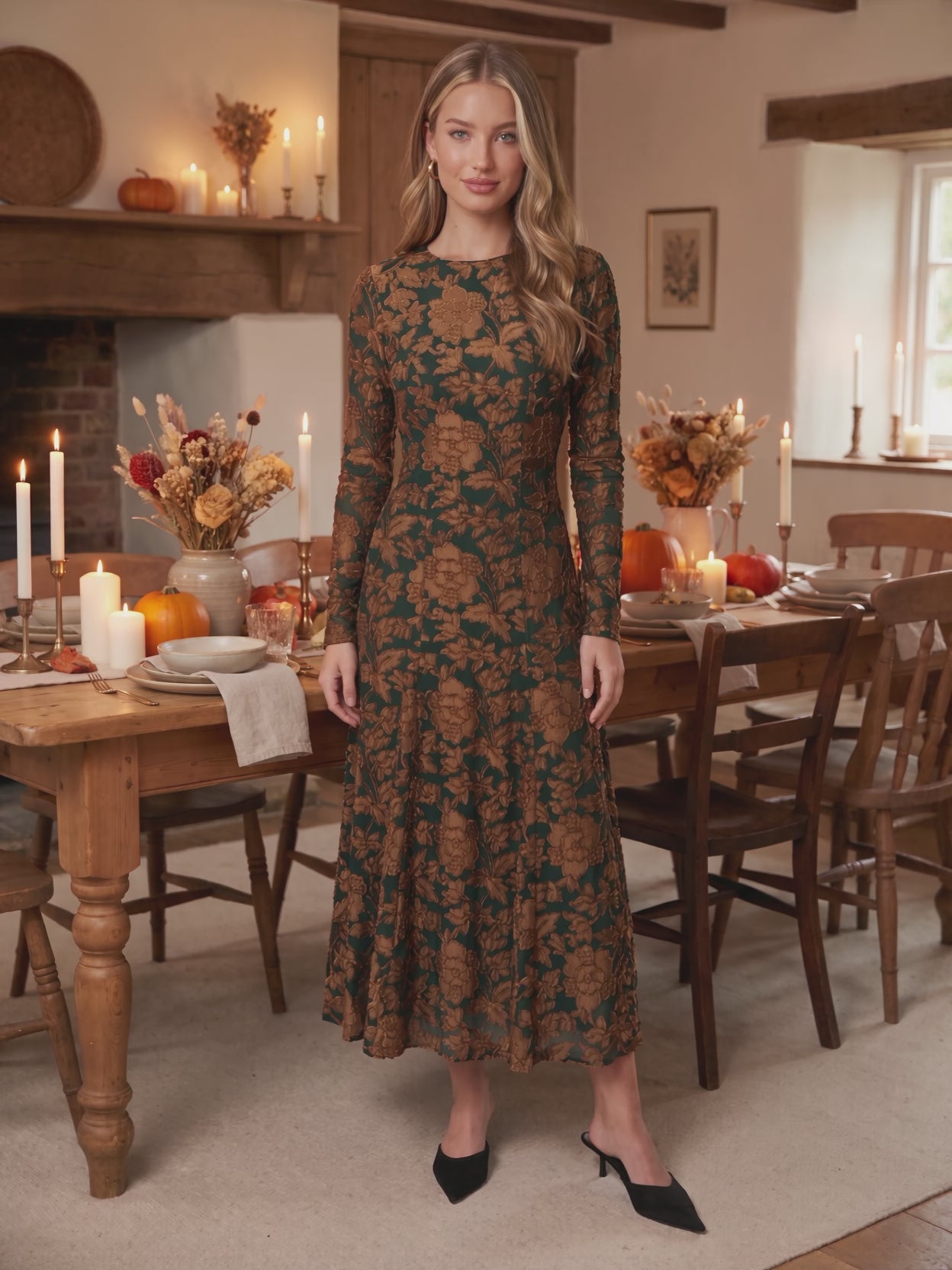 The green velvet burnout floral maxi dress worn by Sofia at a candlelit farmhouse dinner, stepping forward and turning to show the side and the fit.