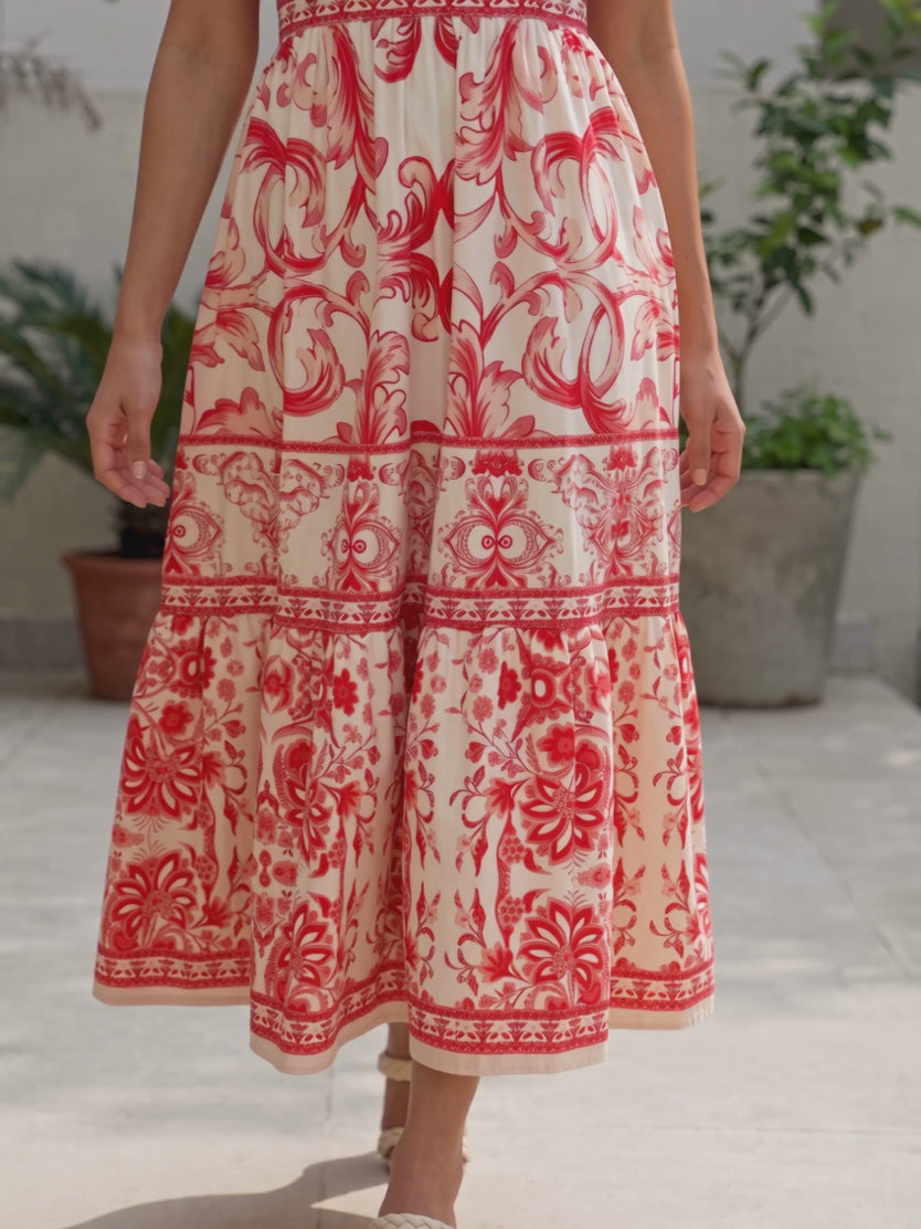 For Another Time Maxi Dress in motion, showing the gathered skirt and tiered hem swaying as Shweta walks.