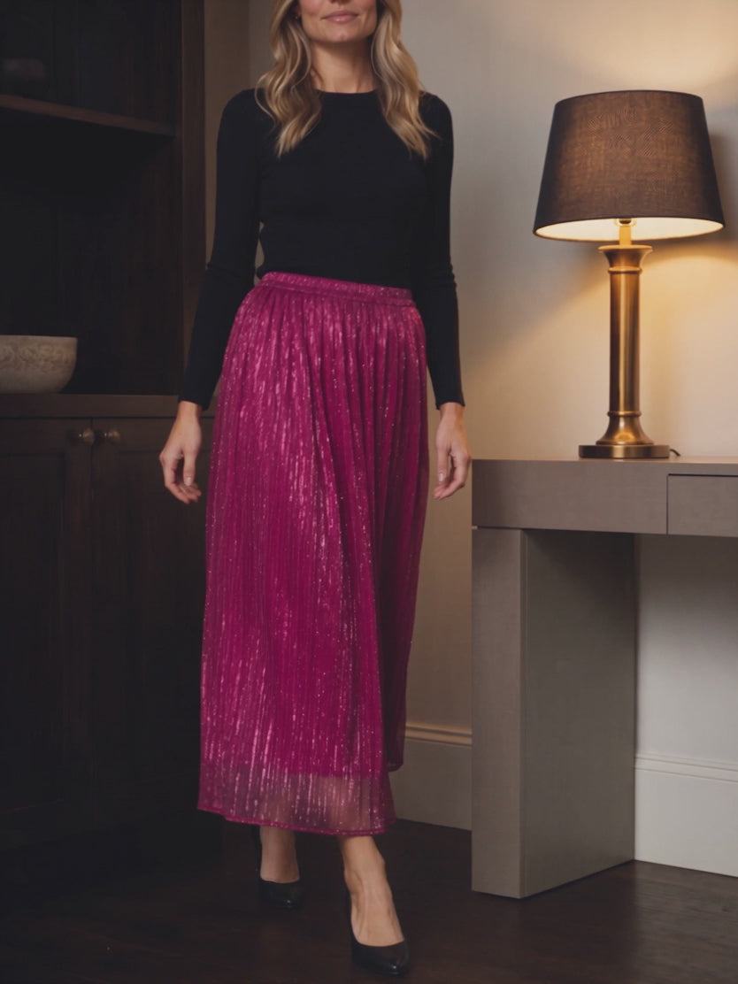Win My Heart Sparkle Pleated Maxi Skirt moving through a slow walk and quarter-turn.
