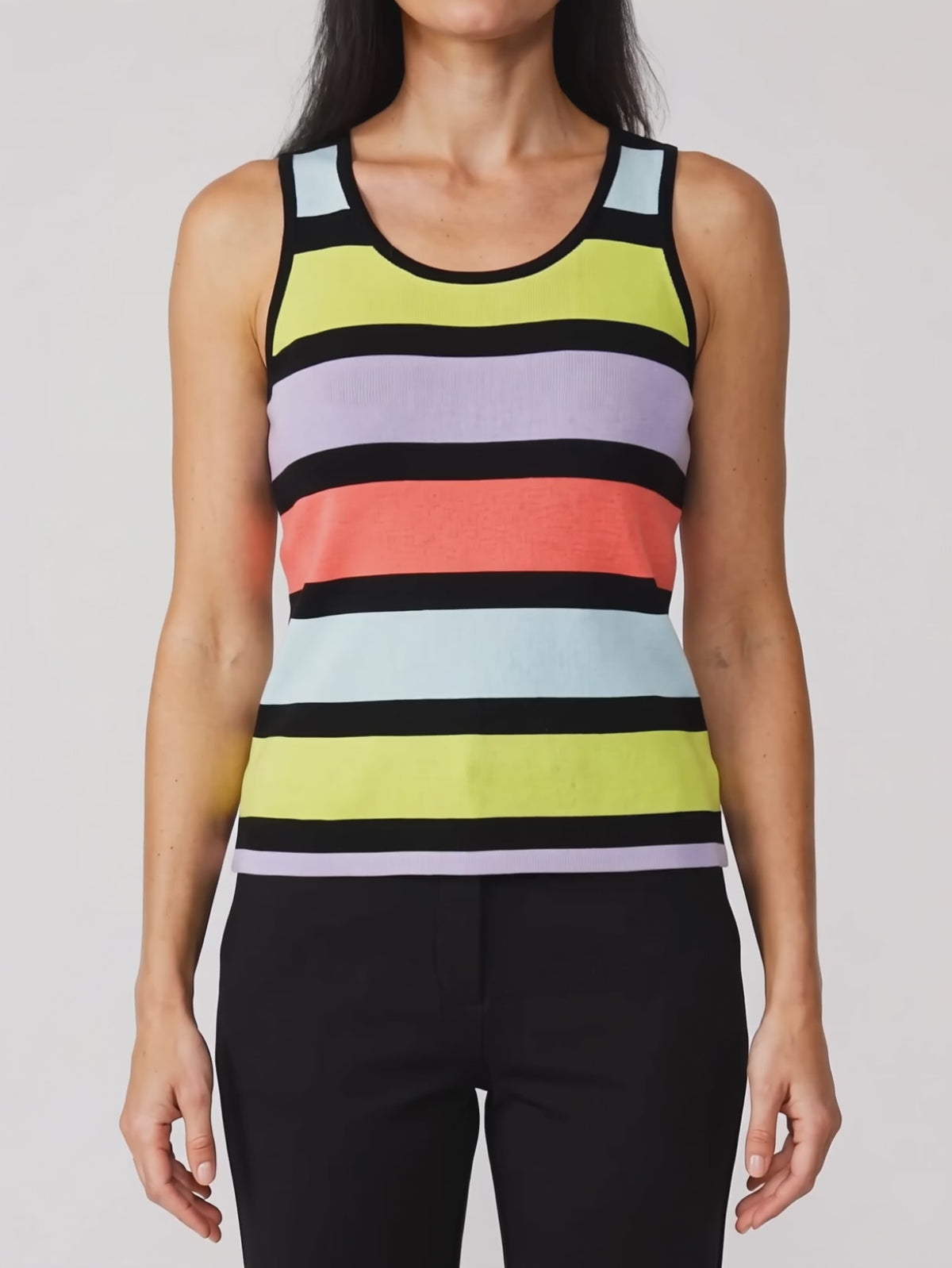 Calm Down Striped Tank Top in subtle front movement showing the knit fit and hem recovery.