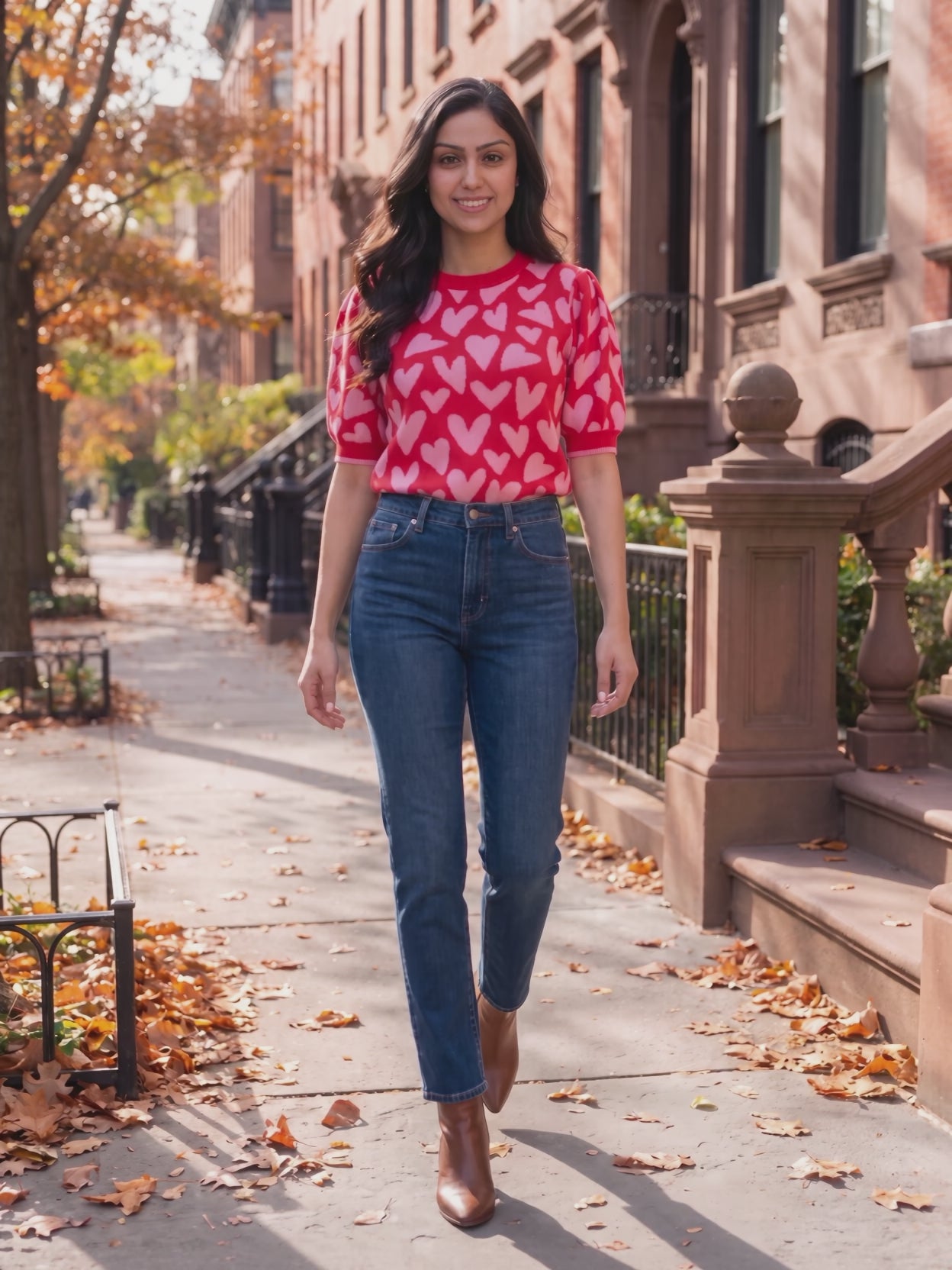 Love Knows All Puff Sleeve Sweater Top worn by Shweta at an autumn city street, stepping forward and turning to show the back and the fit.