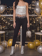 Video of the Dancing in the Moonlight sequin fringe cami styled for the holidays.