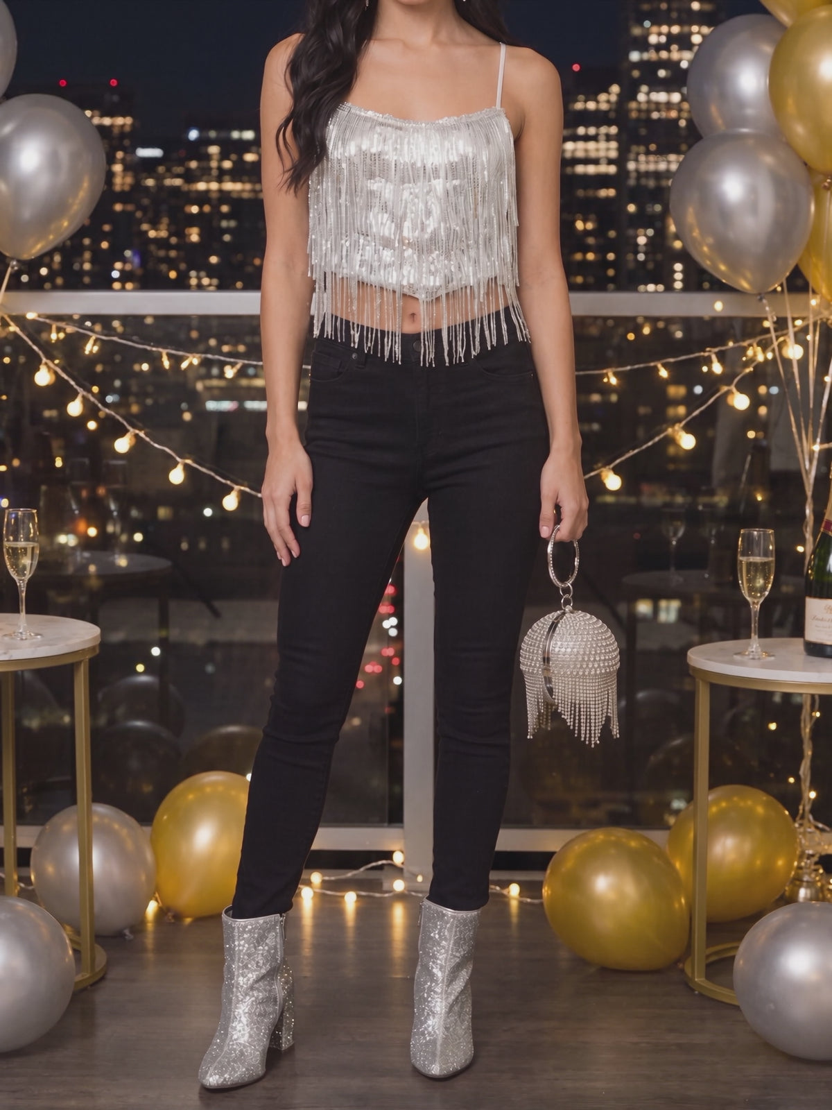 Video of the Dancing in the Moonlight sequin fringe cami styled for the holidays.