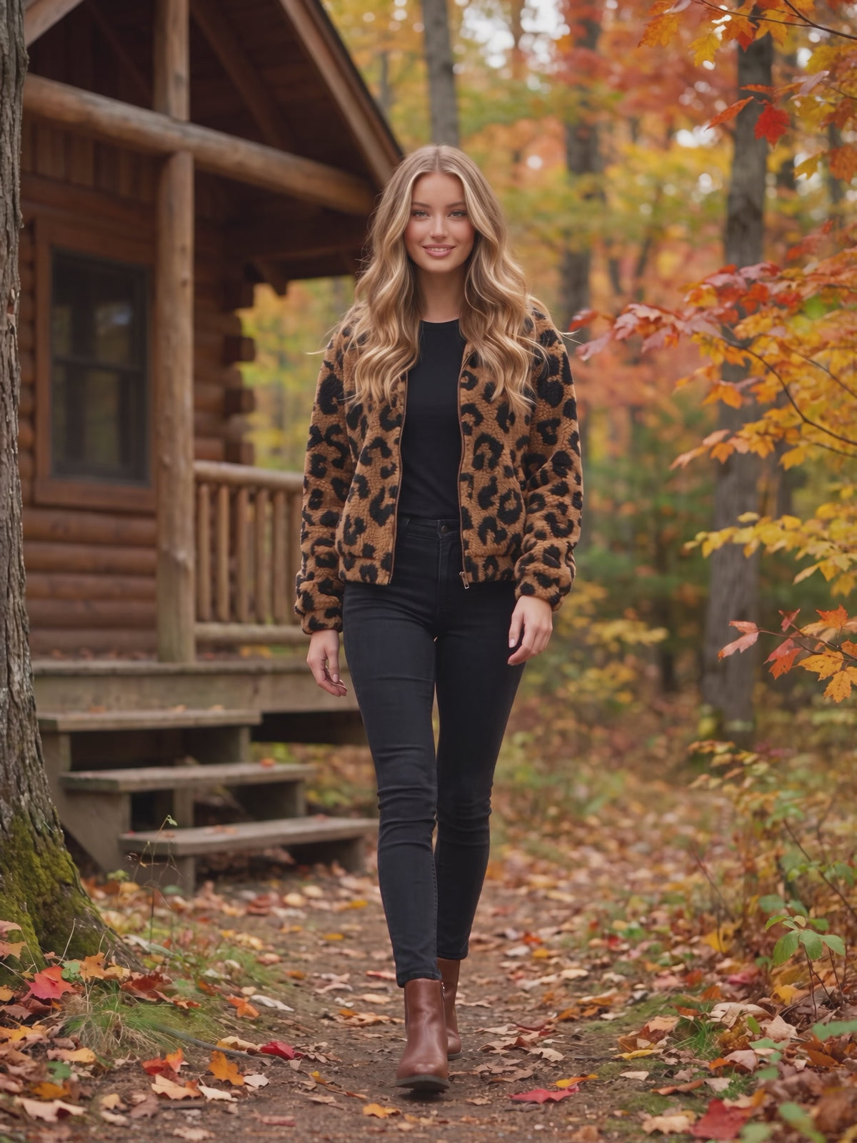 Going Wild Leopard Faux Sherpa Zip Up Jacket worn by Sofia at a forest cabin in autumn, stepping forward and turning to show the back and the fit.