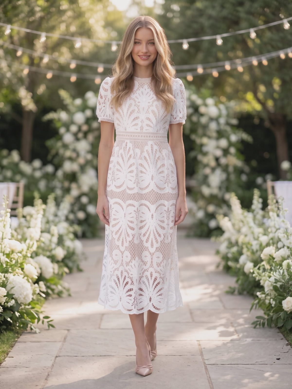 Cup of tea Crochet Lace Midi Dress worn by Sofia at a garden wedding, stepping forward and turning to show the back and the fit.
