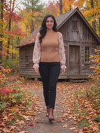 Wanna Be With You Knit Sweater Top worn by Shweta at a forest cabin in autumn, stepping forward and turning to show the back and the fit.