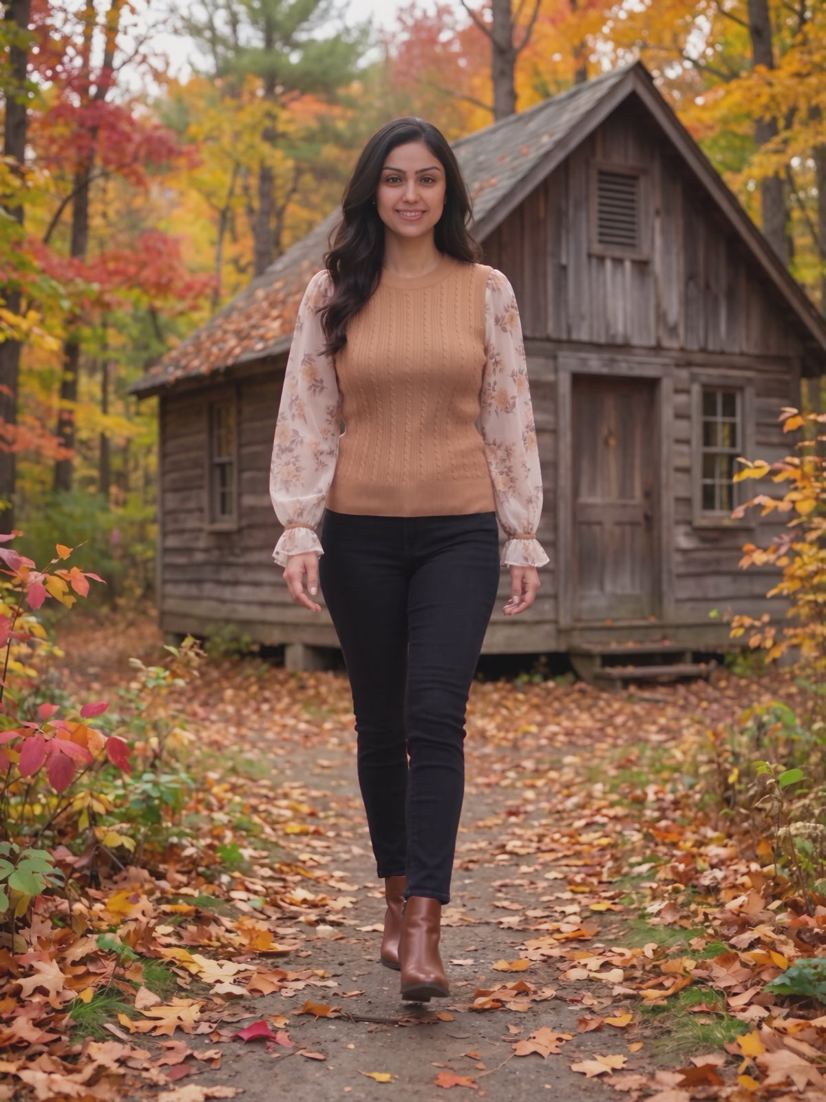 Wanna Be With You Knit Sweater Top worn by Shweta at a forest cabin in autumn, stepping forward and turning to show the back and the fit.
