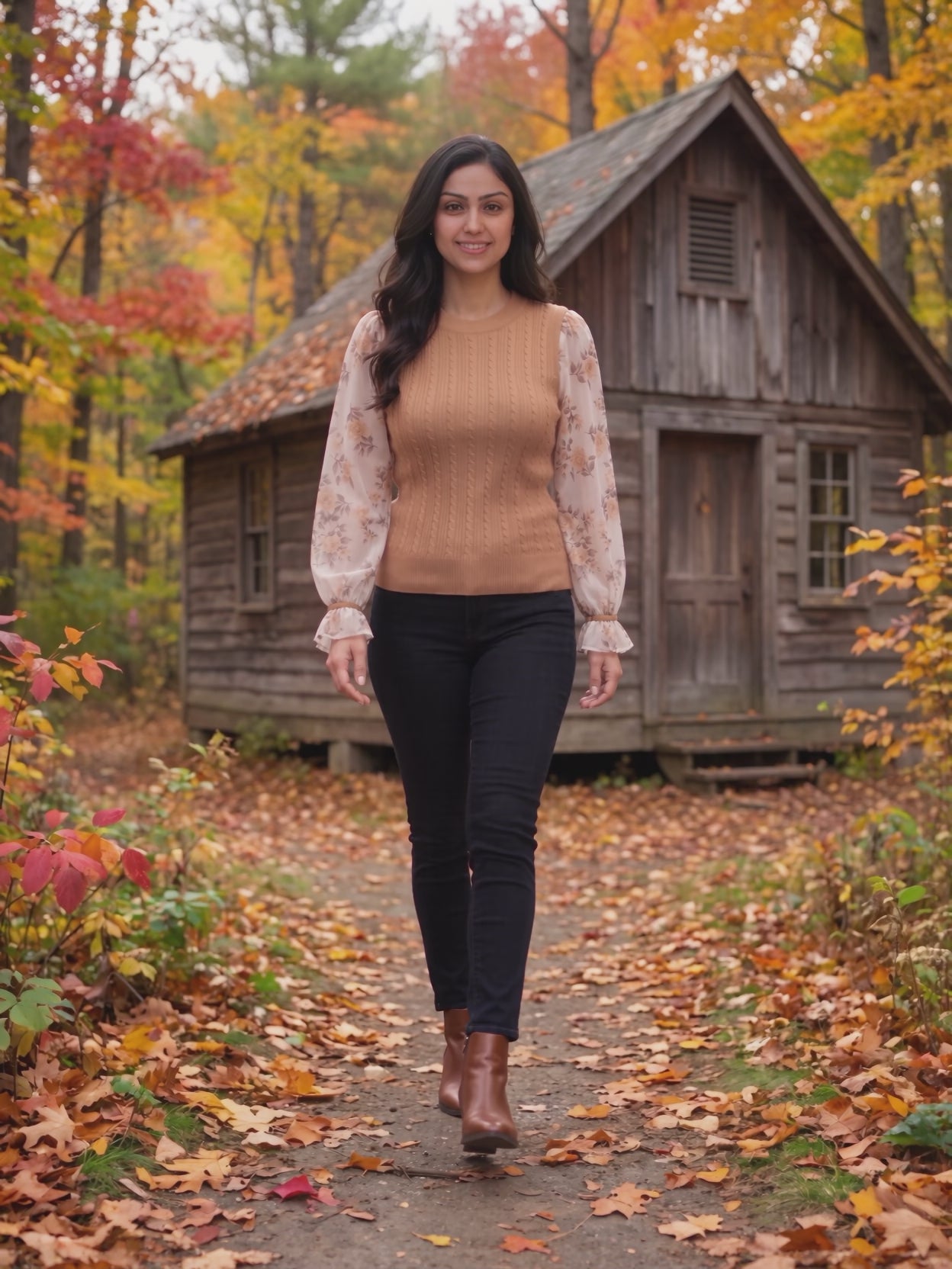 Wanna Be With You Knit Sweater Top worn by Shweta at a forest cabin in autumn, stepping forward and turning to show the back and the fit.