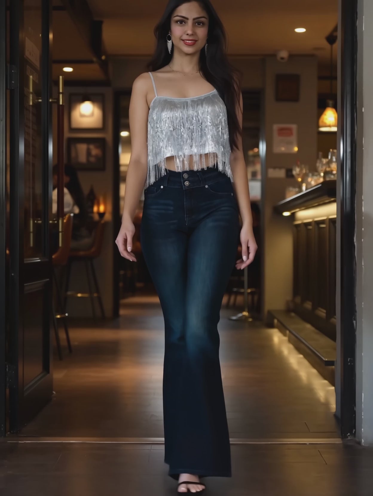 Shweta walks in Always on My Mind high-rise flare jeans, showing the dark denim moving around the heels.