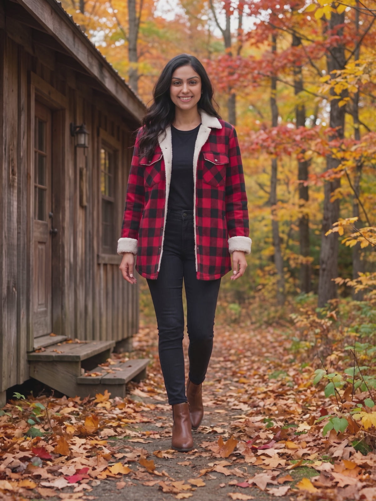 Cozy Cabin Buffalo Plaid Shacket worn by Shweta at a forest cabin in autumn, stepping forward and turning to show the back and the fit.