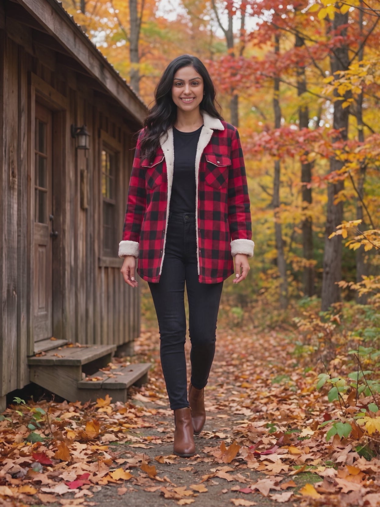 Cozy Cabin Buffalo Plaid Shacket worn by Shweta at a forest cabin in autumn, stepping forward and turning to show the back and the fit.