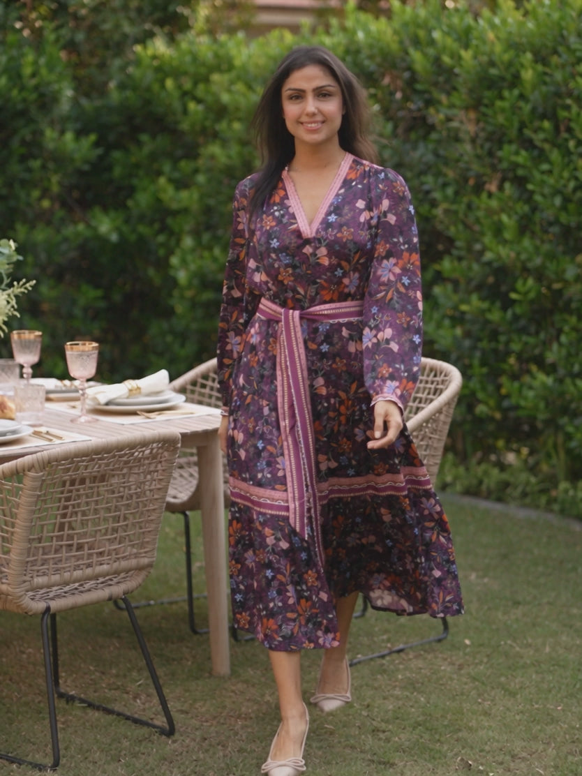 Shweta walks at a garden brunch in the belted Live in the Moment floral dress.