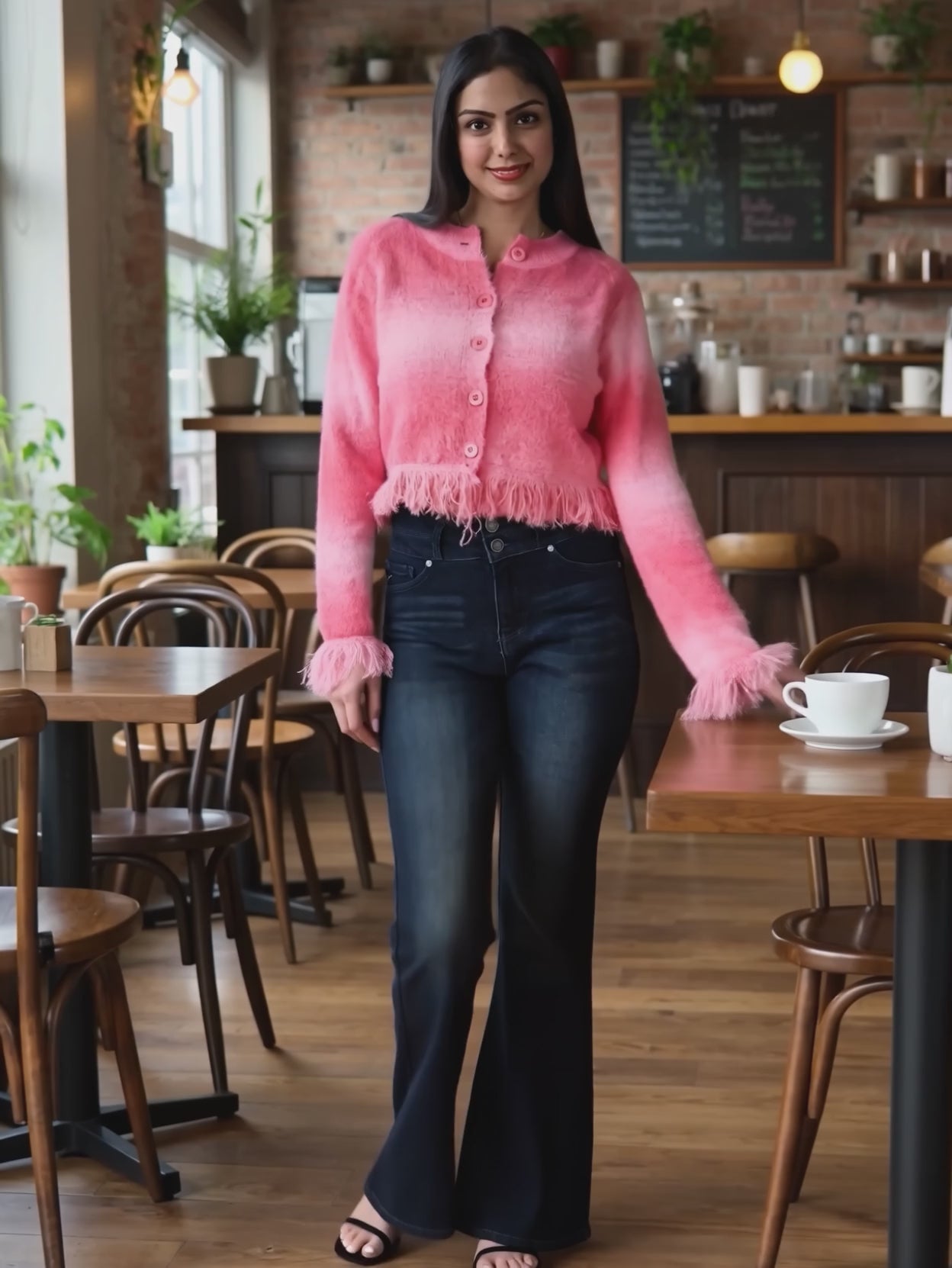 Shweta walks in the pink fuzzy cropped cardigan as its hem and cuff fringe move naturally.
