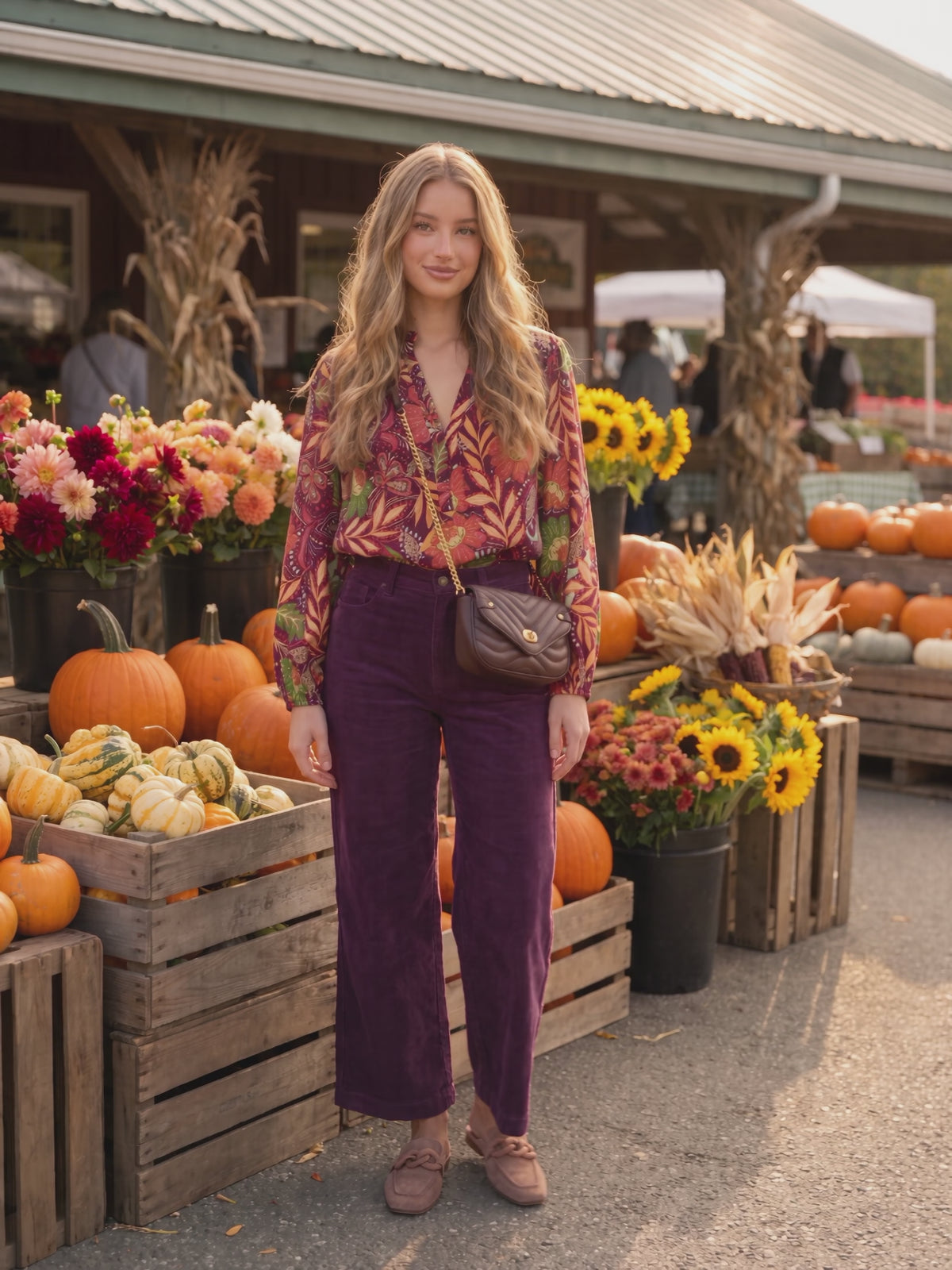 The burgundy floral split neck blouse worn by Sofia at an autumn farmers market, stepping forward and turning to show the side and the fit.
