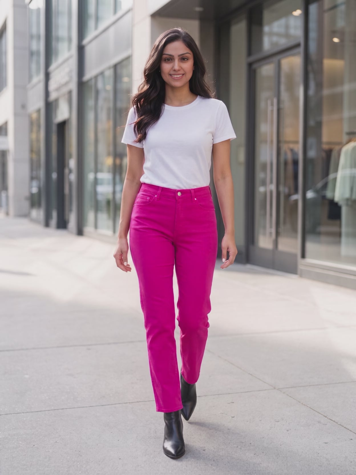 Bright Side High Rise Straight Pants worn by Shweta at a bright city street, stepping forward and turning to show the back and the fit.
