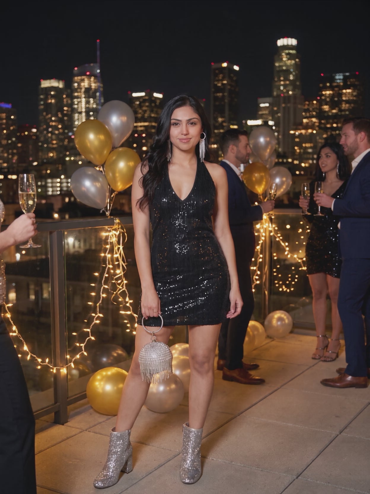 The black sequin halter mini dress worn by Shweta at a New Year's Eve rooftop party, stepping forward and turning to show the side and the fit.