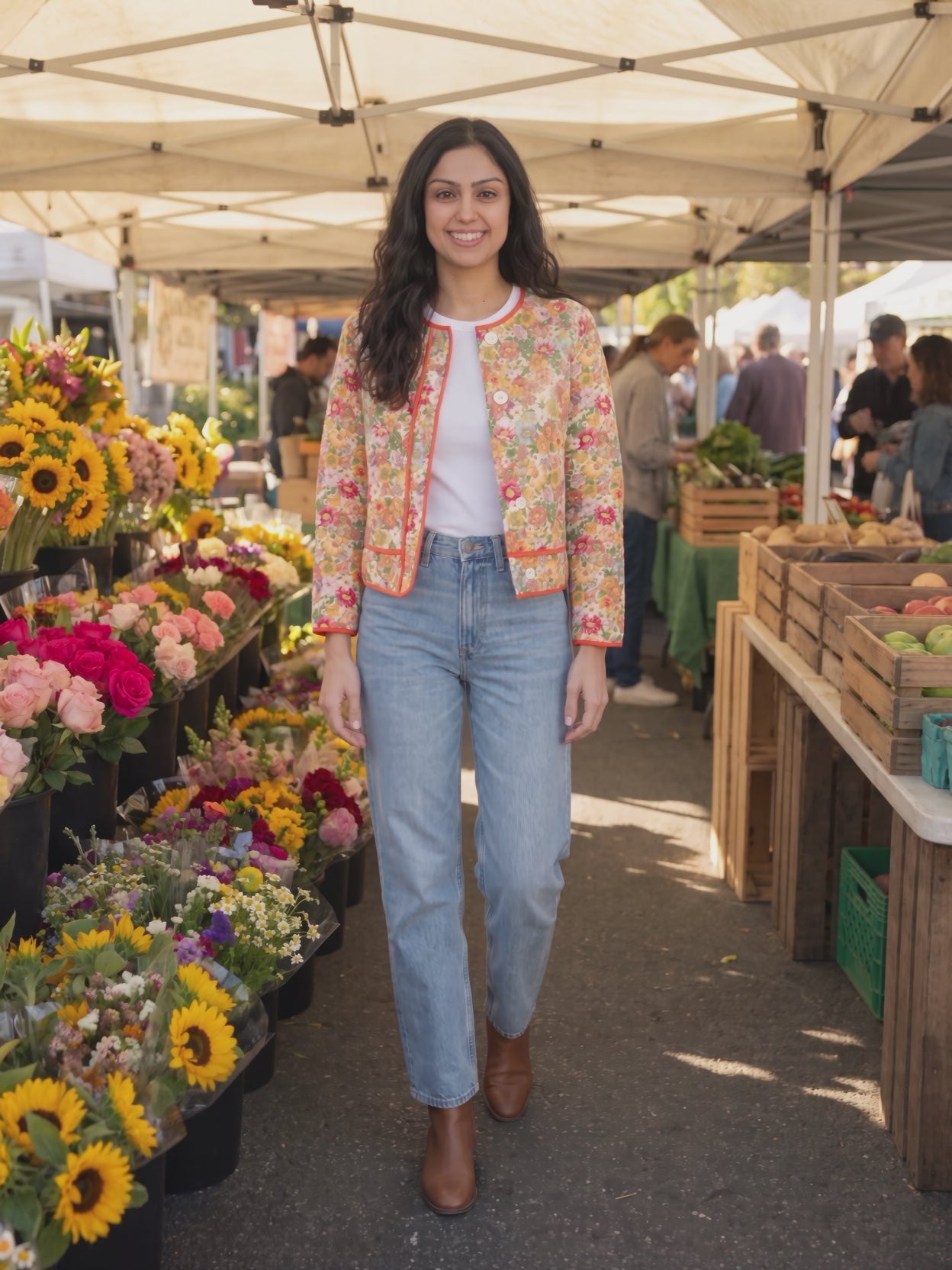 Good Feeling Cotton Jacket worn by Shweta at a farmers market, stepping forward and turning to show the back and the fit.