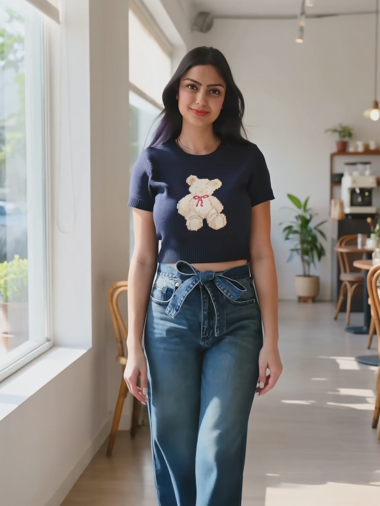 Shweta moving in the navy teddy bear sweater top to show the cropped hem in wear.