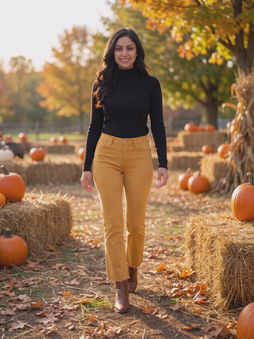 Always On My Mind High Rise Kick Flare Pants worn by Shweta at a pumpkin patch, stepping forward and turning to show the back and the fit.