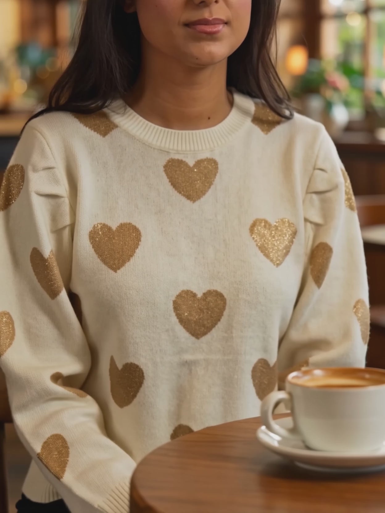 Make Me Feel Golden Heart Sweater worn by Shweta during a relaxed coffee-date moment.