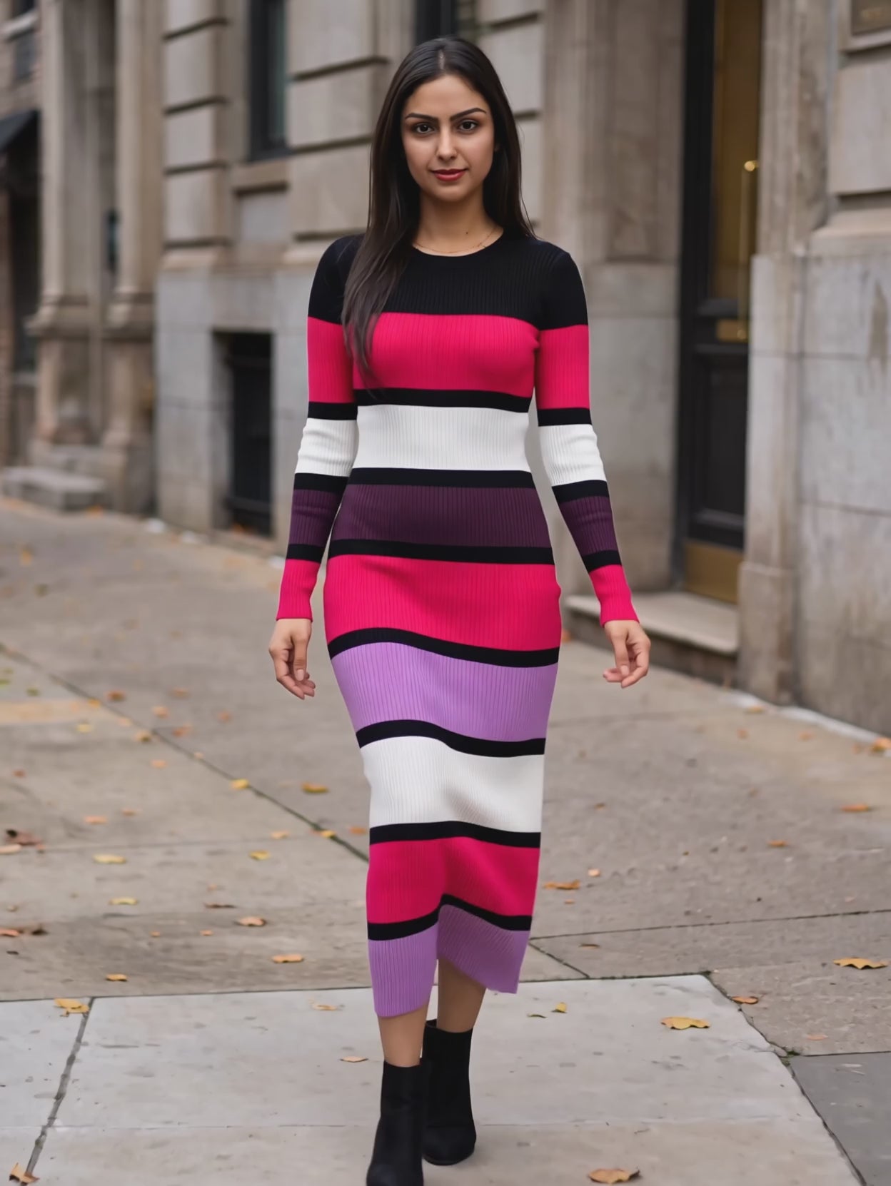 Shweta walking in the color block sweater dress to show stride, fitted drape and hem movement.