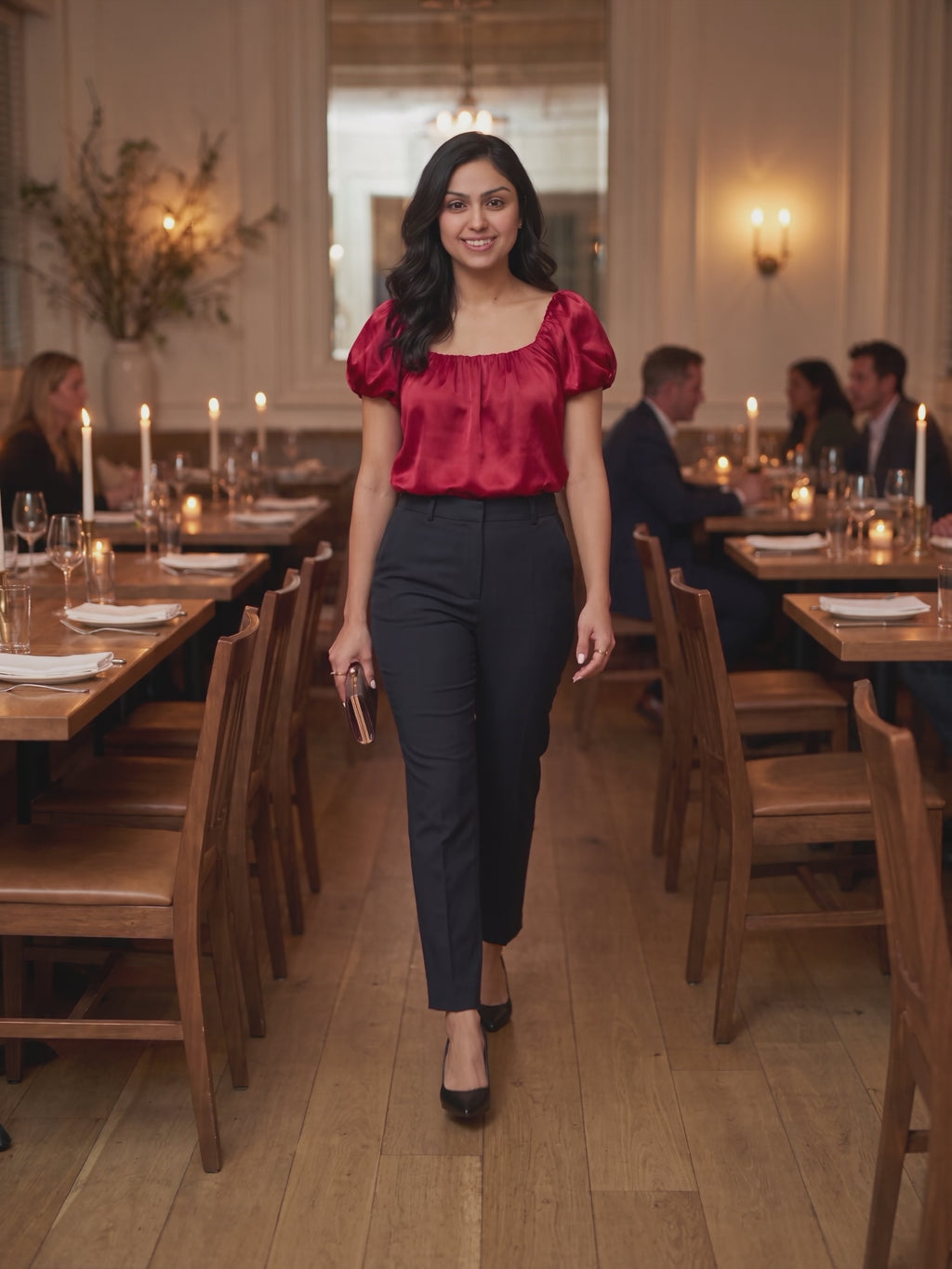 Until I Found Her Puff Sleeve Satin Top worn by Shweta at a candlelit dinner, stepping forward and turning to show the back and the fit.