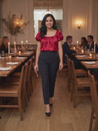 Until I Found Her Puff Sleeve Satin Top worn by Shweta at a candlelit dinner, stepping forward and turning to show the back and the fit.