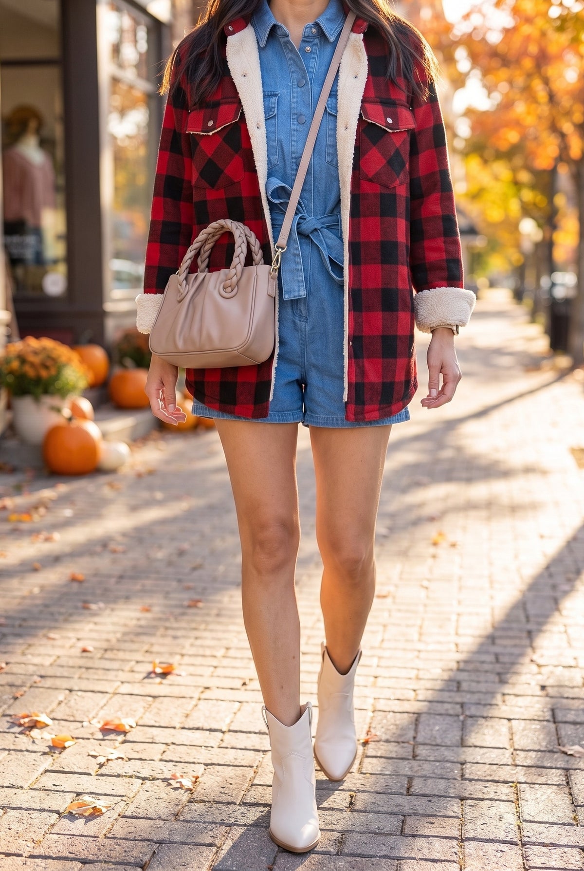 Now or Never denim romper on an autumn main street with the Becker western booties, the Gracelyn nude crossbody and the Cozy Cabin buffalo plaid shacket