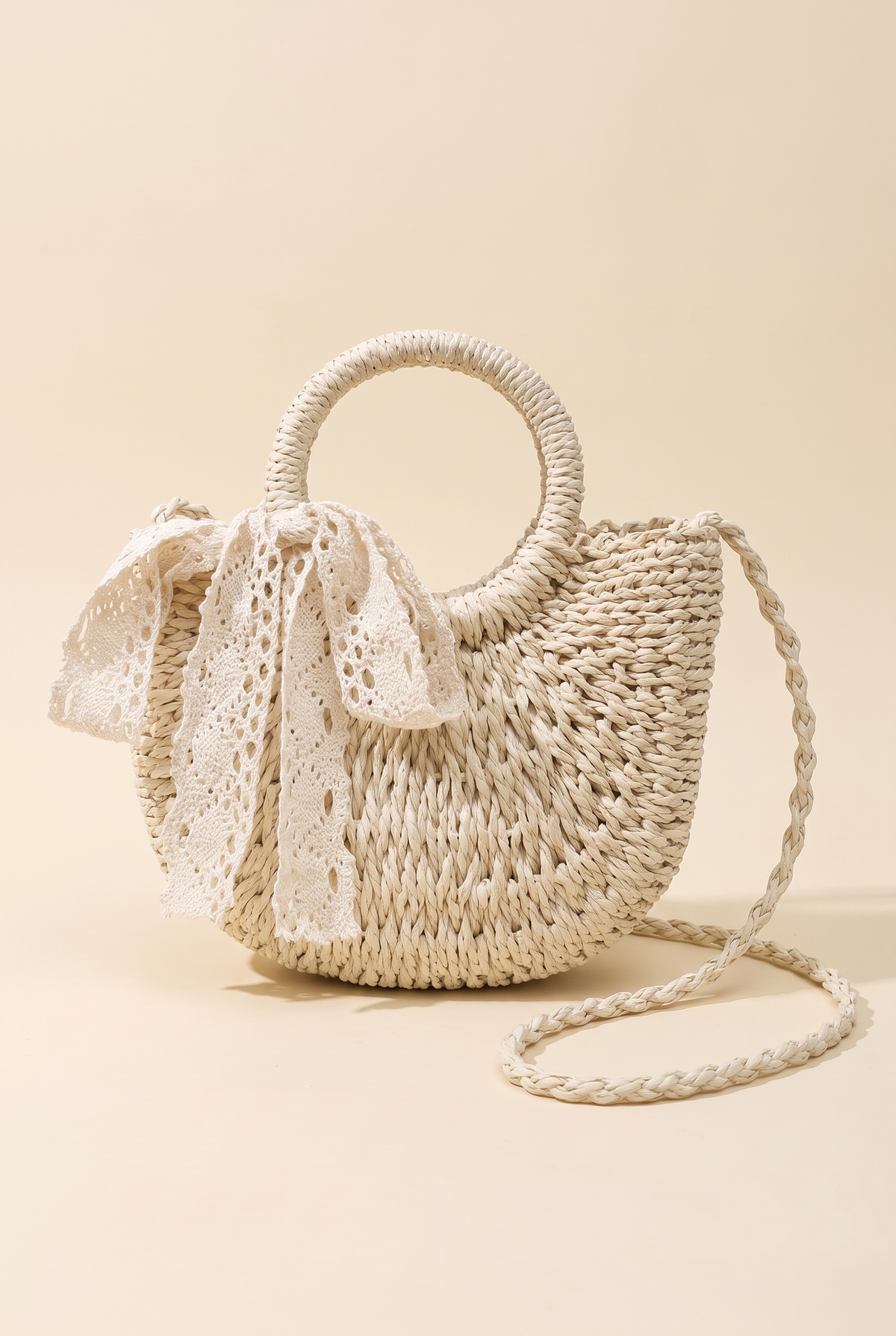 Rose Crochet Lace Rattan Wicker Crossbody Bag, Beige still life