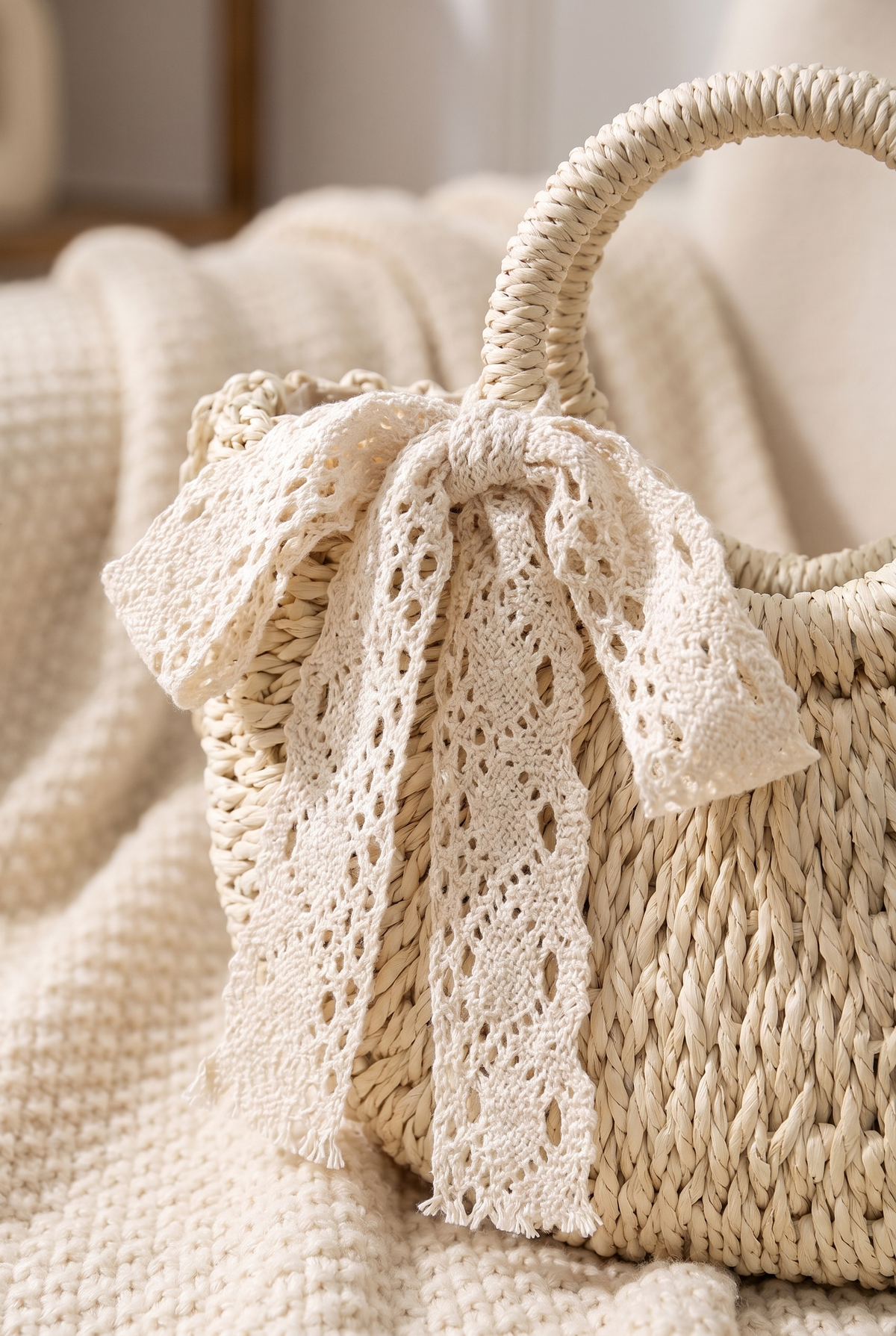 Rose Crochet Lace Rattan Wicker Crossbody Bag, Detail